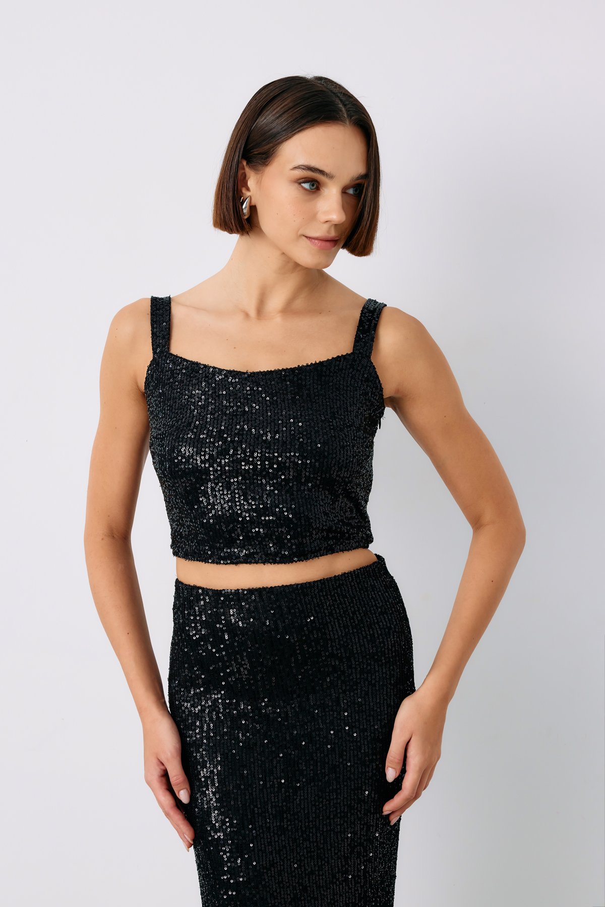 Sequined Crop Blouse - BLACK