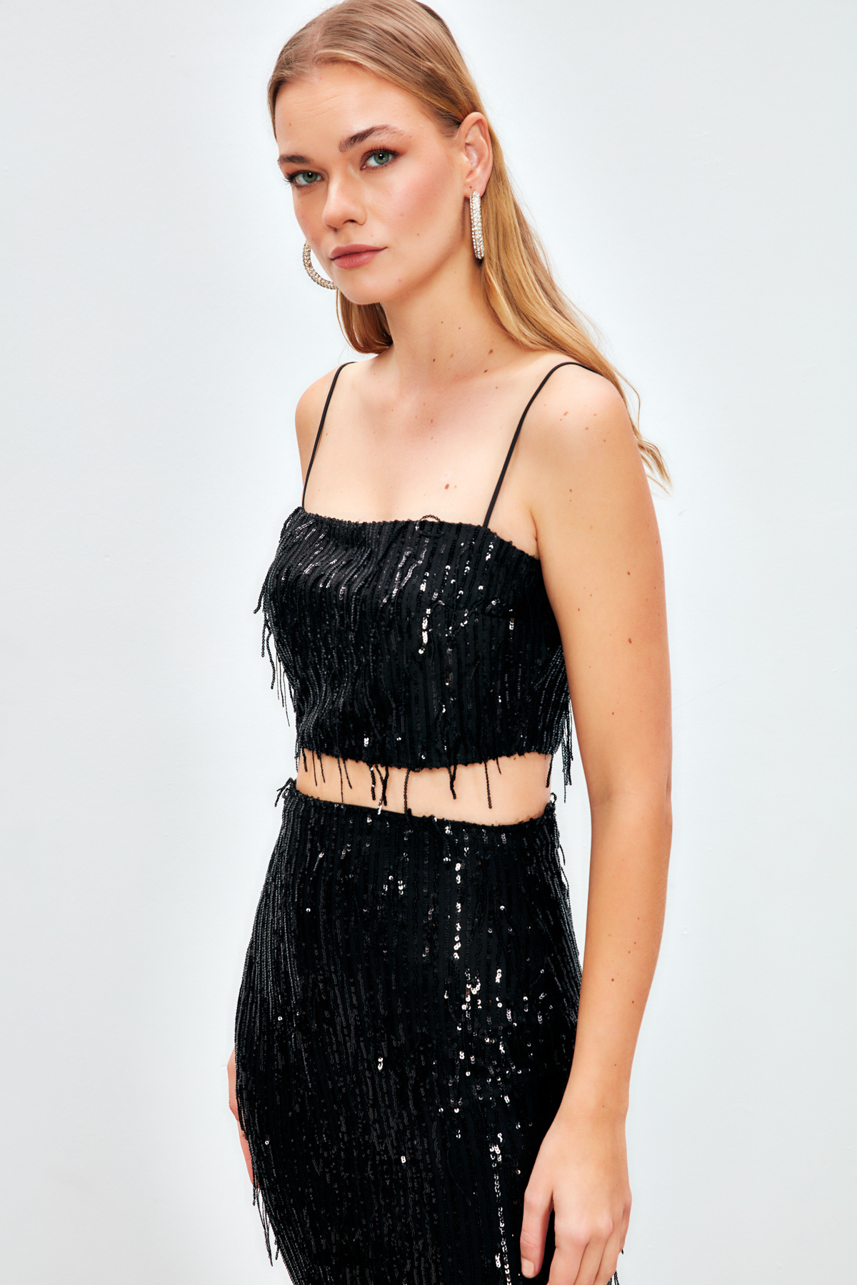 Payetli Crop Bluz - SİYAH