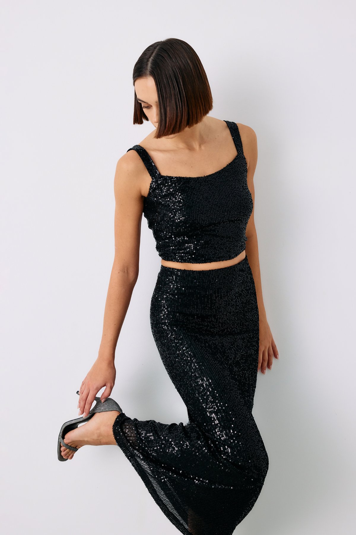 Sequined Crop Blouse - BLACK