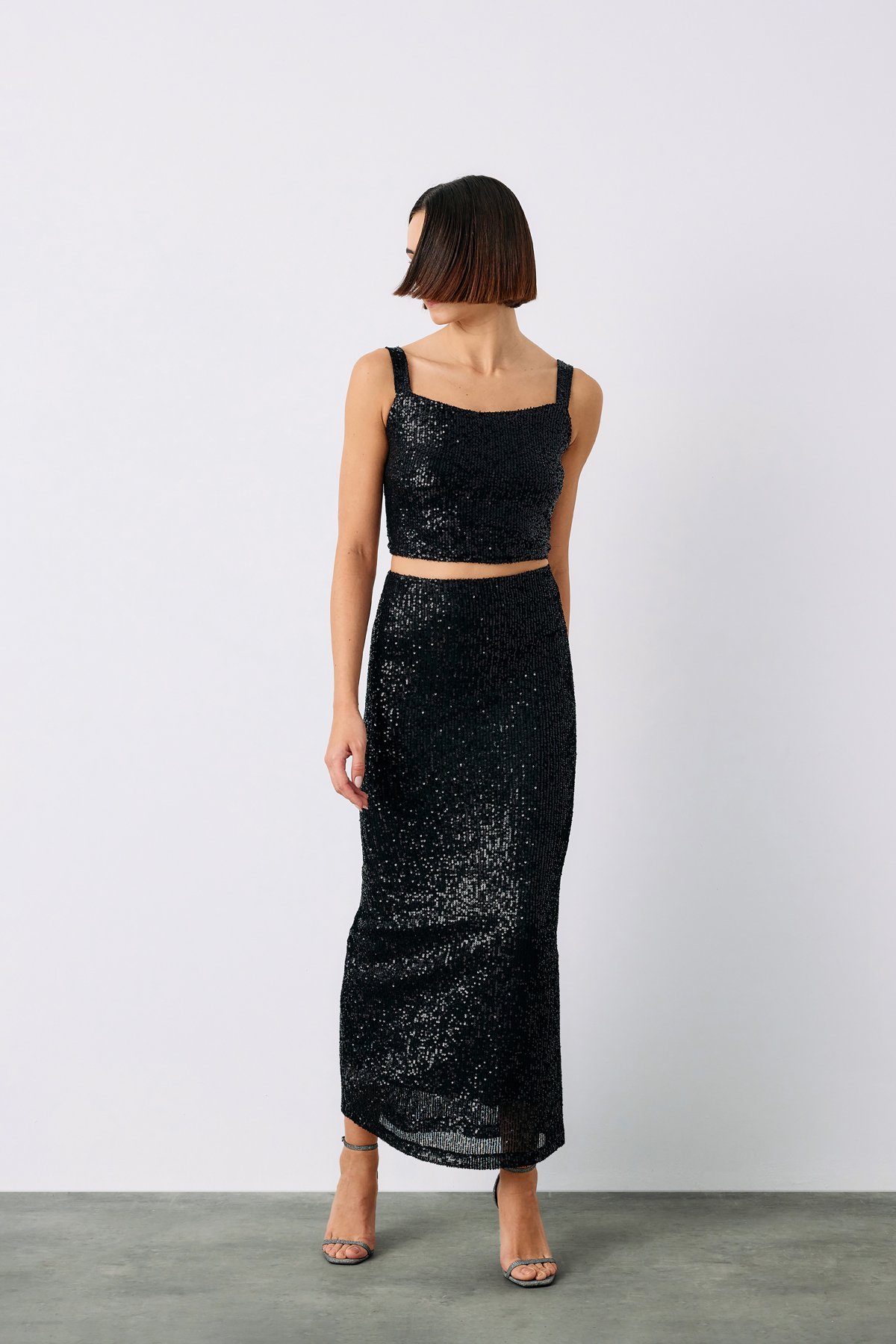Sequined Crop Blouse - BLACK