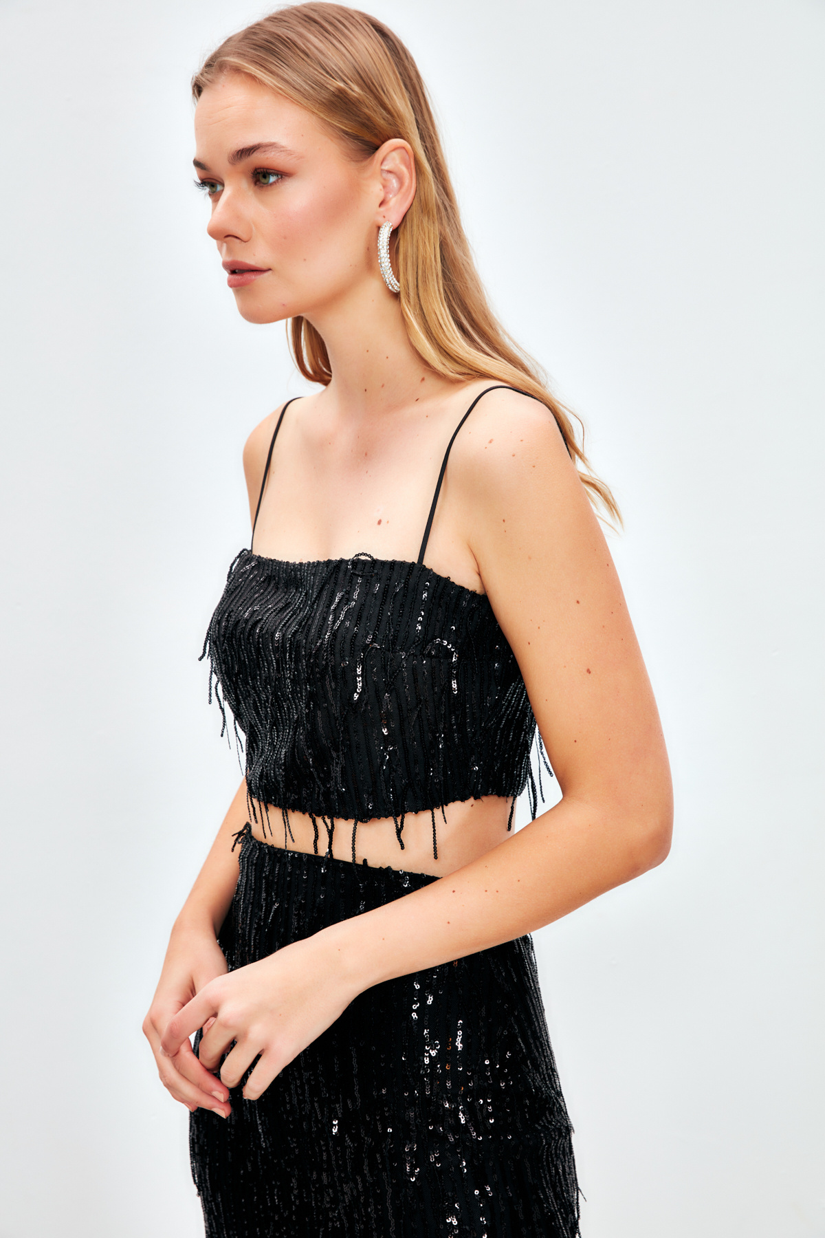 Payetli Crop Bluz - SİYAH