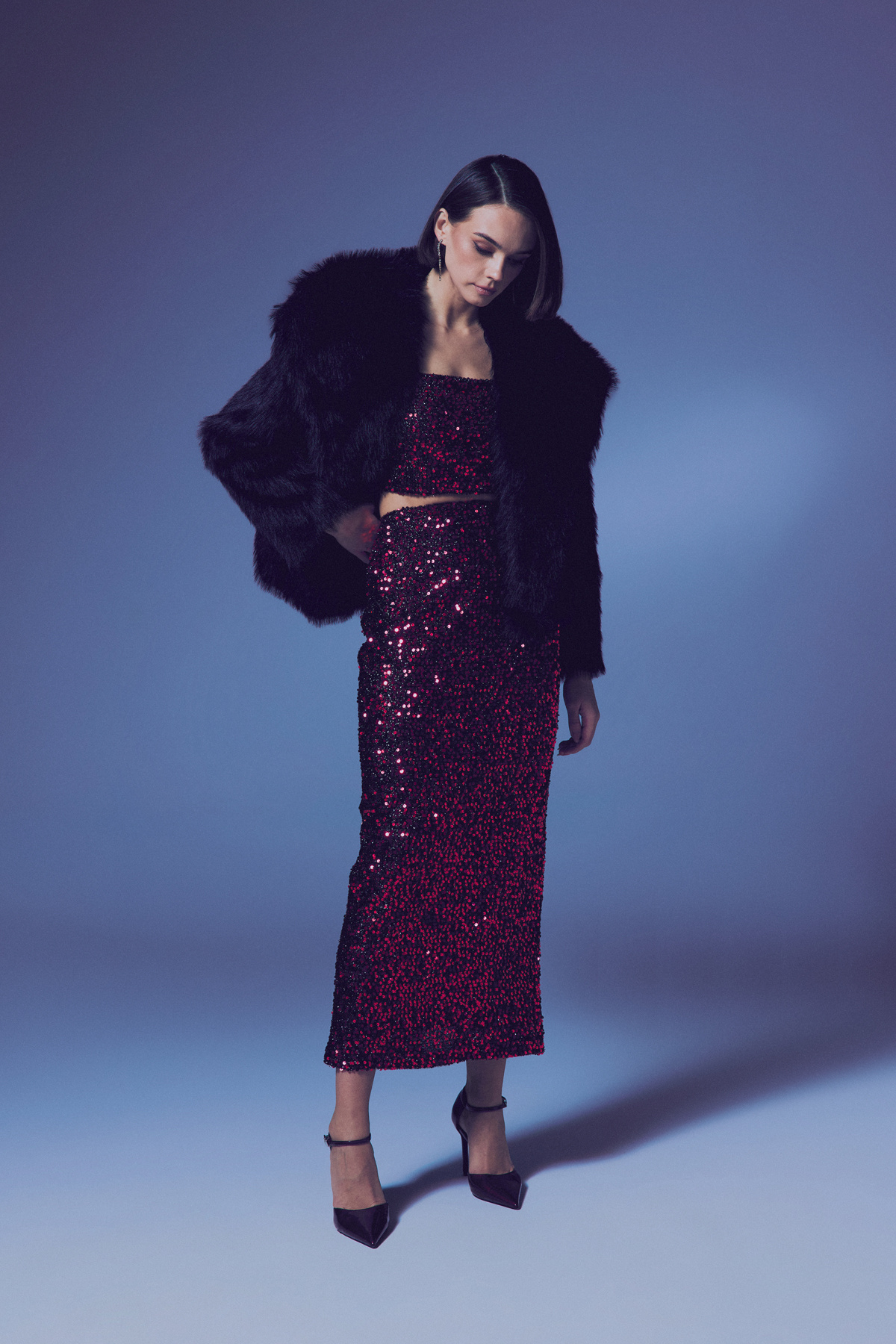 Sequined Pencil Skirt - Maroon