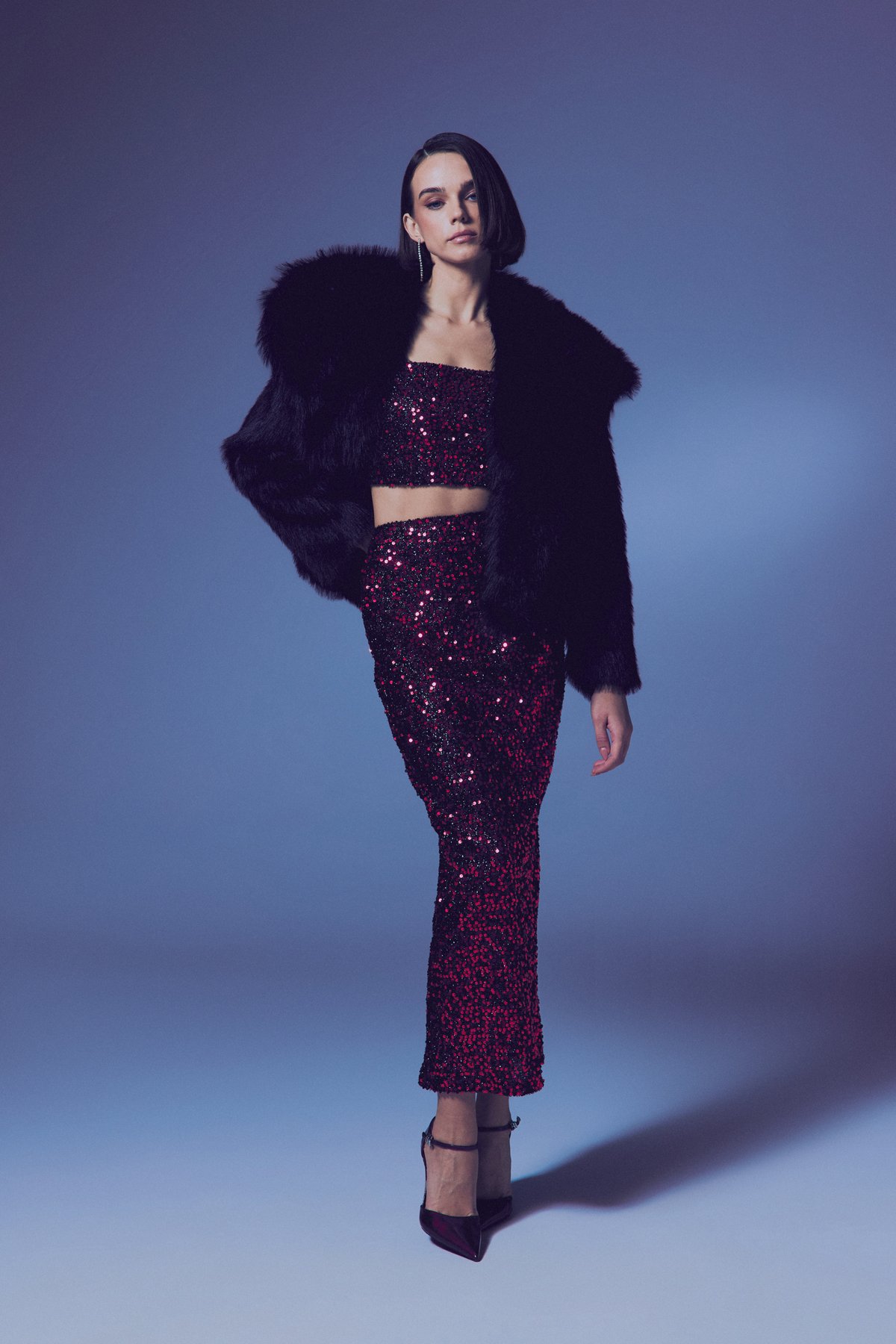 Sequined Pencil Skirt - Maroon