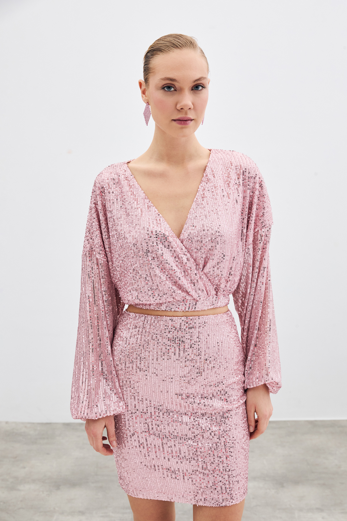 Payetli Kruvaze Bluz - Pudra