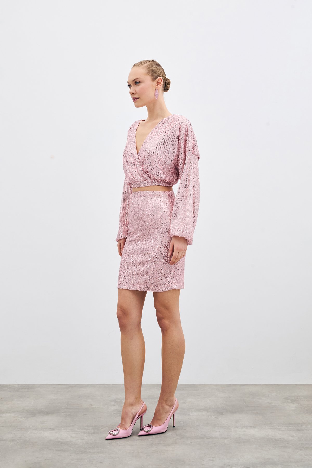 Payetli Kruvaze Bluz - Pudra