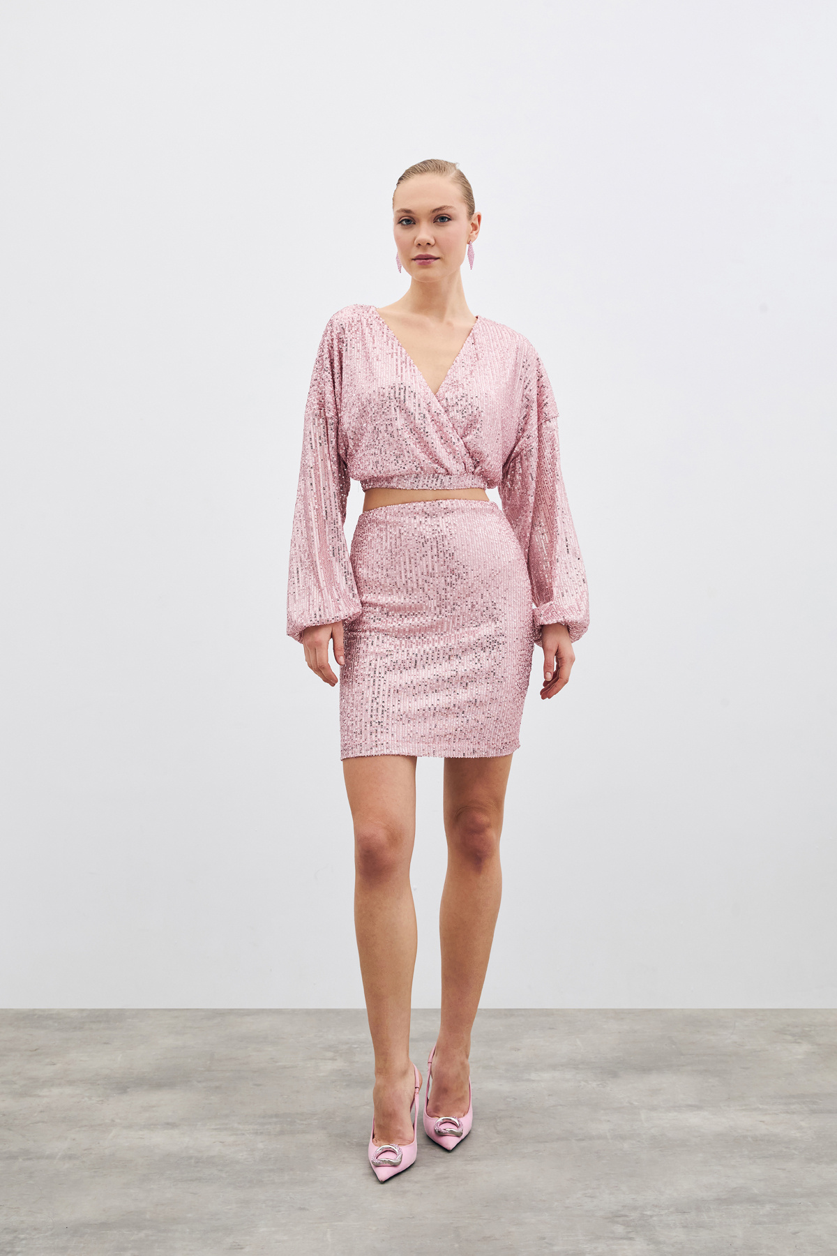 Payetli Kruvaze Bluz - Pudra