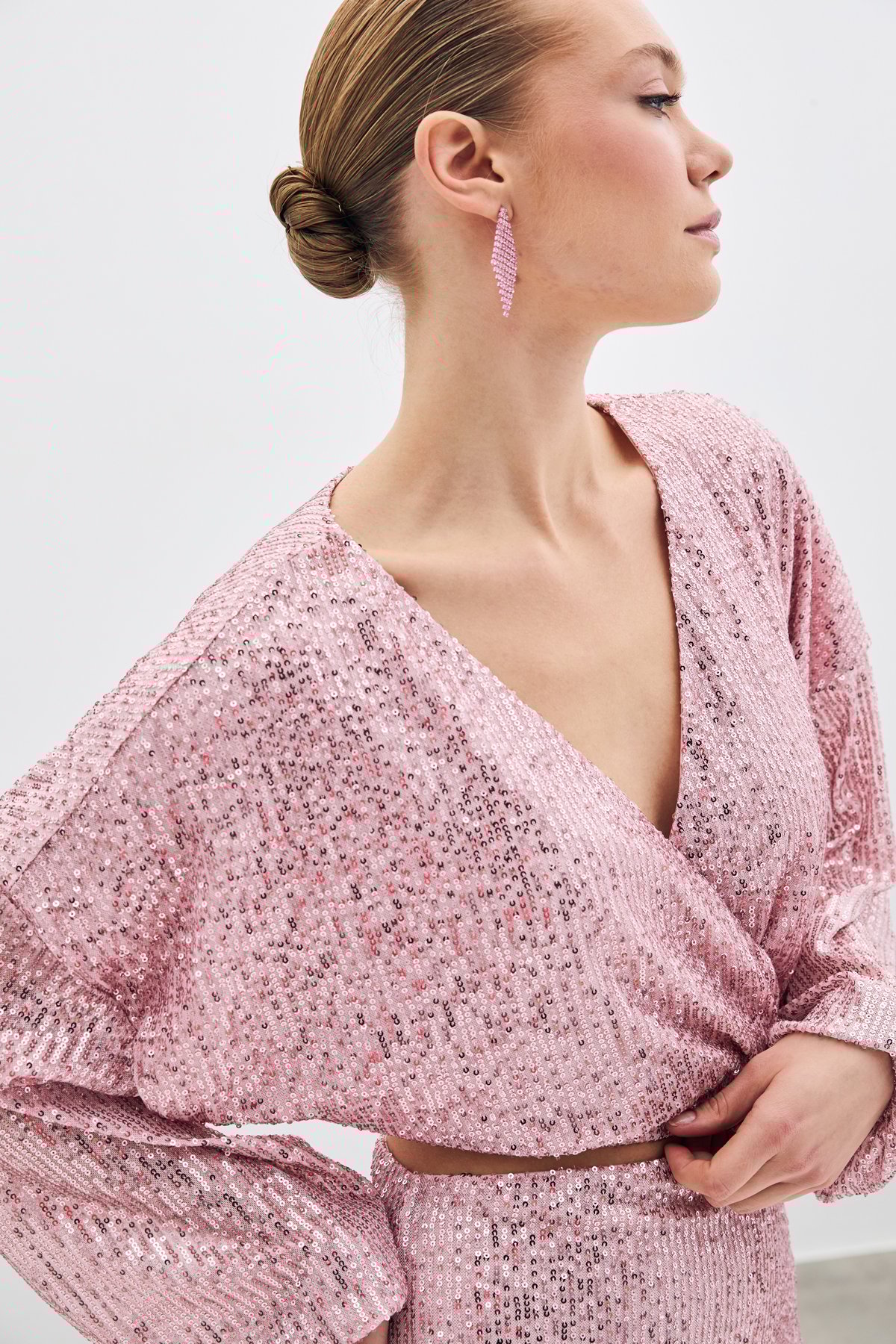 Payetli Kruvaze Bluz - Pudra