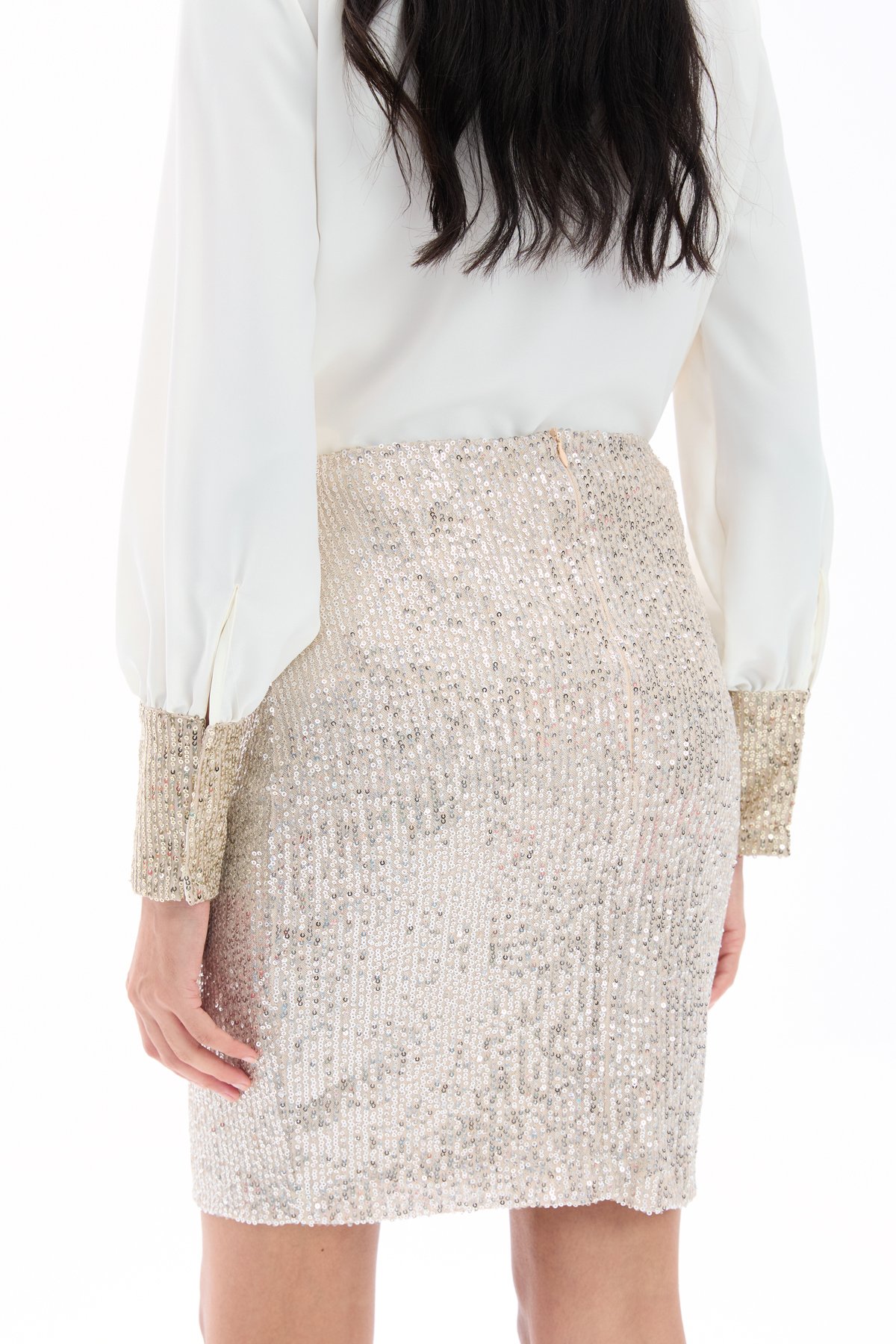 Payetli Mini Etek - Açık Bej