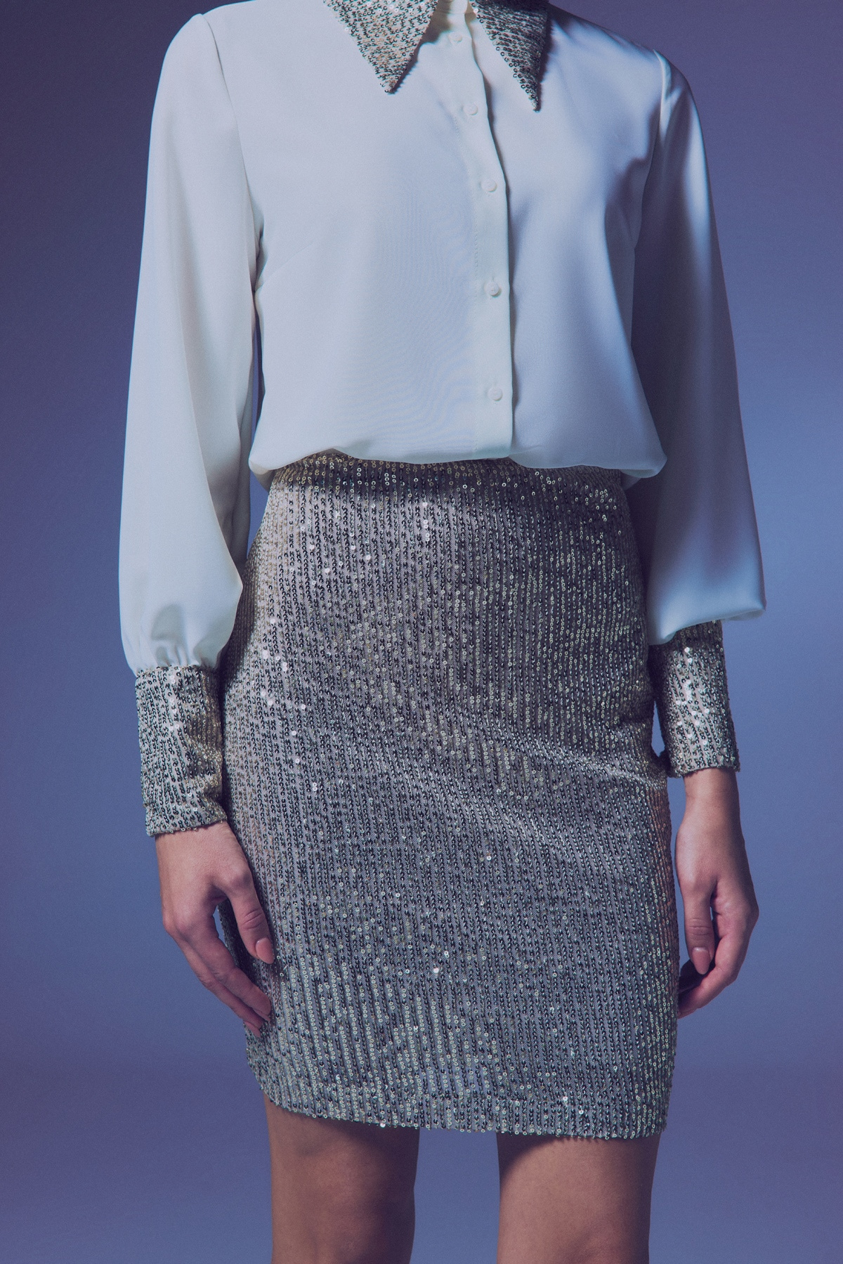 Payetli Mini Etek - Bej