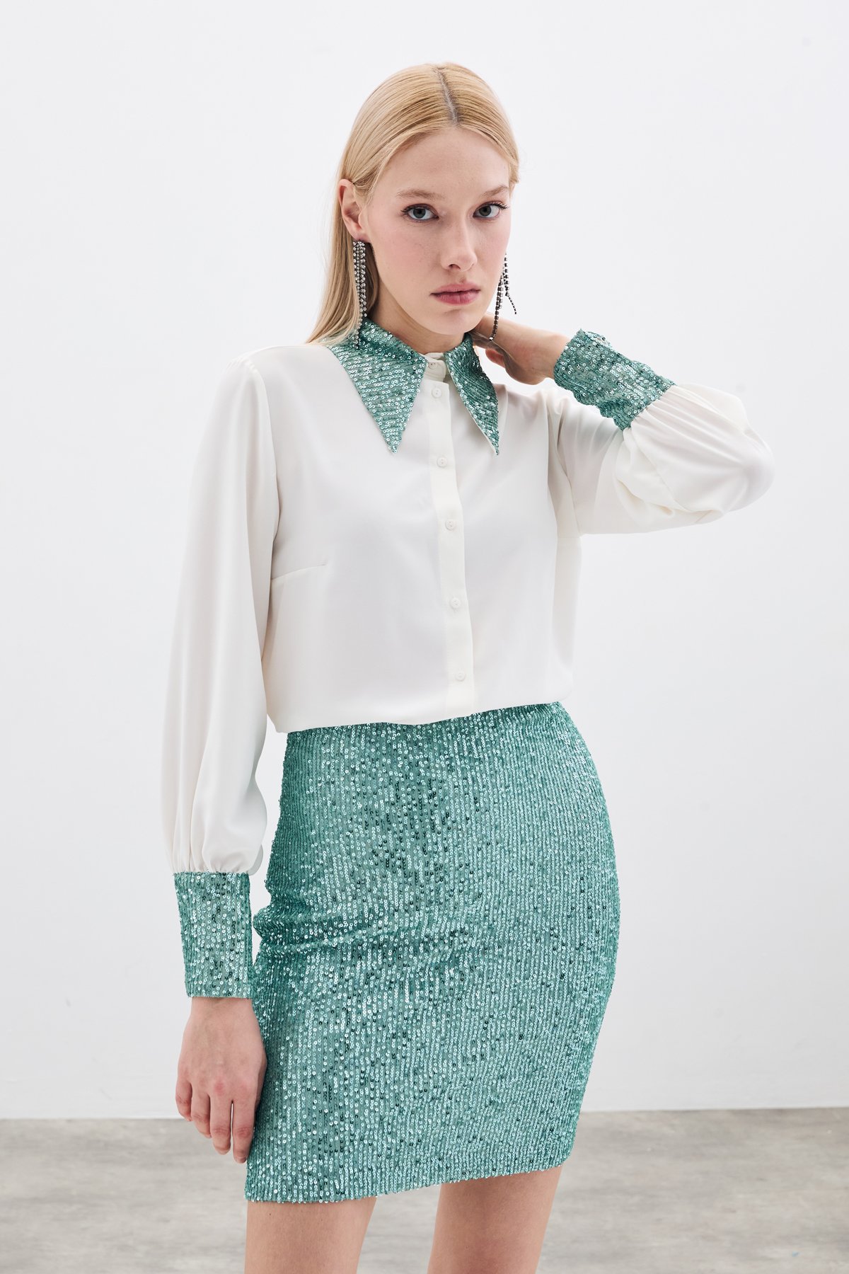 Payetli Mini Etek - Mint