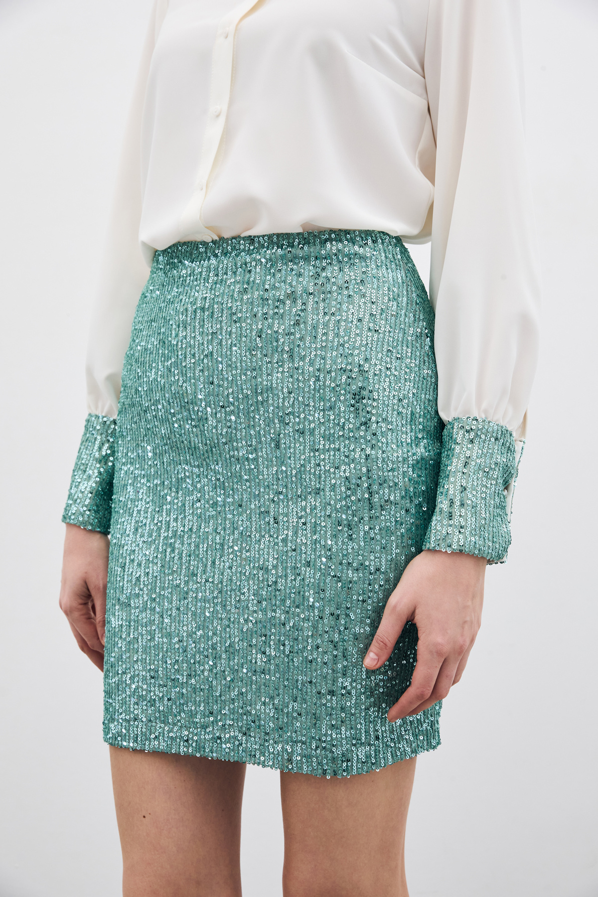 Payetli Mini Etek - Mint