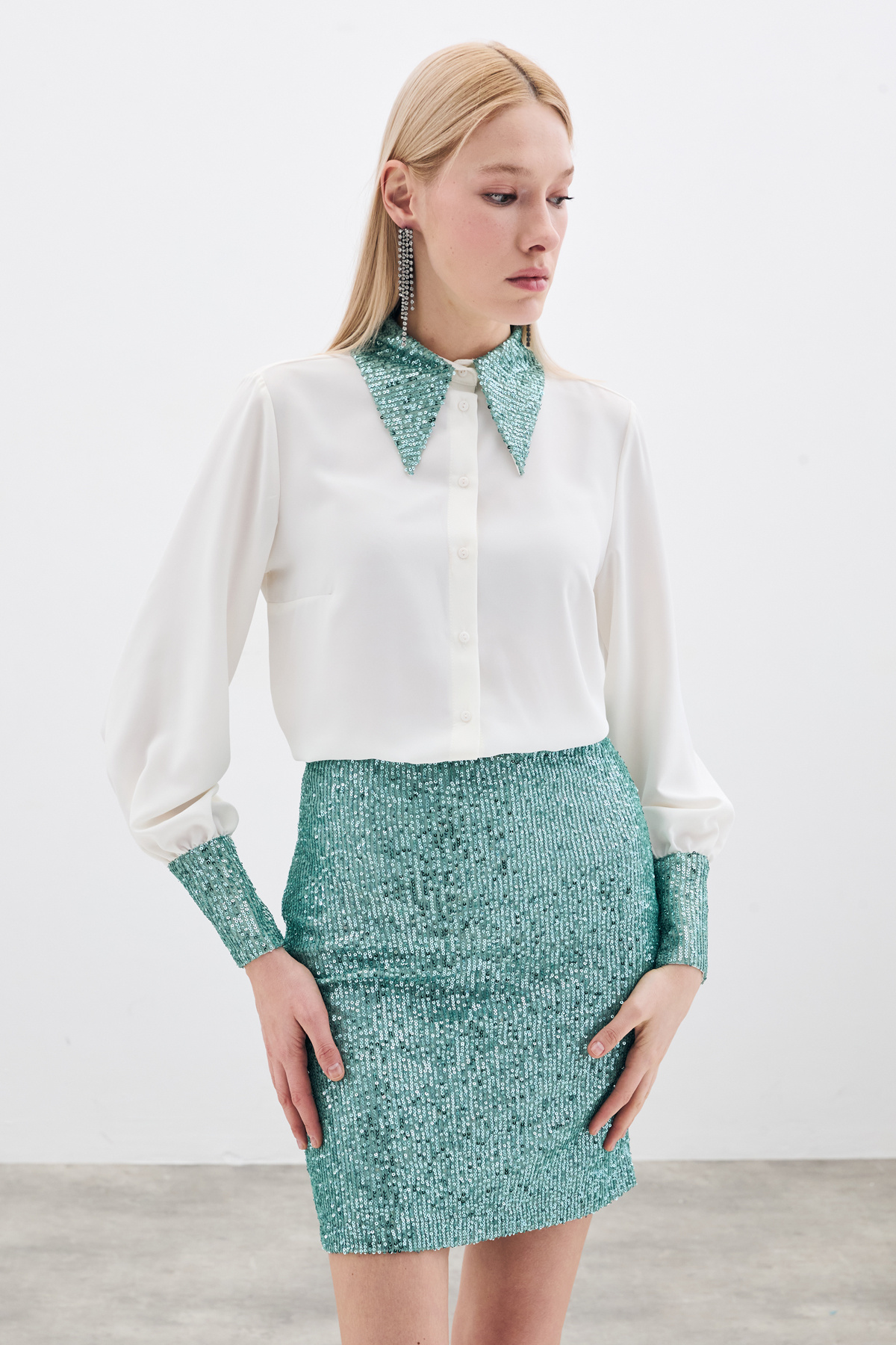 Payetli Mini Etek - Mint