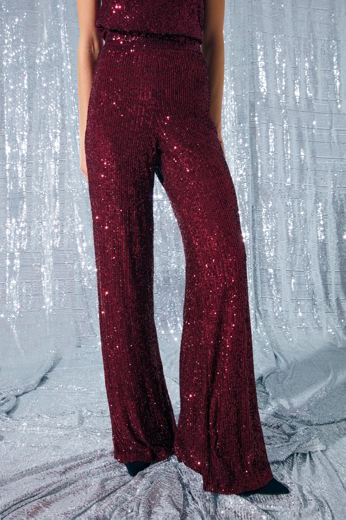 Payetli Salaş Pantolon - BORDO