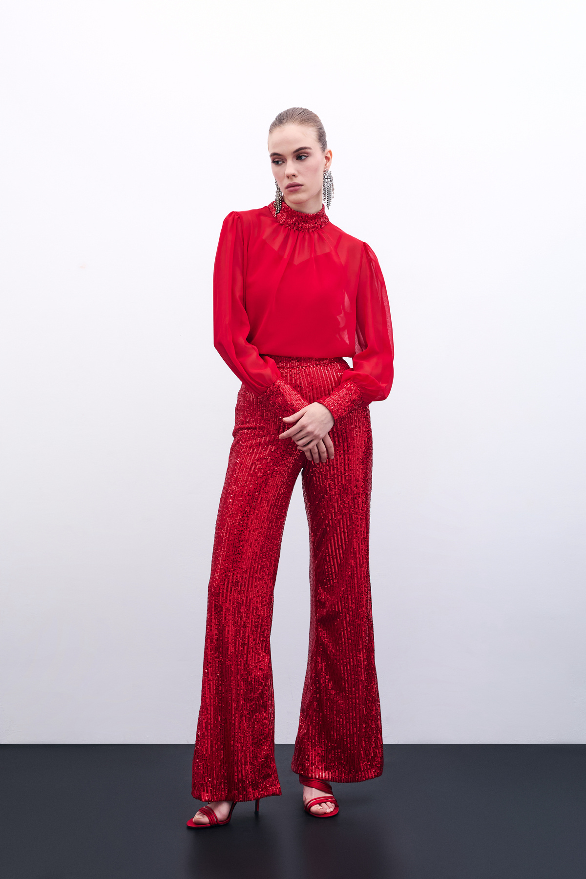 Payetli Salaş Pantolon - Kırmızı