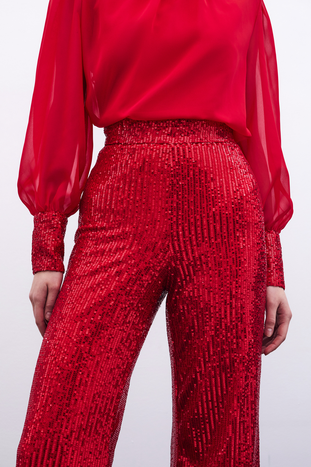 Payetli Salaş Pantolon - Kırmızı