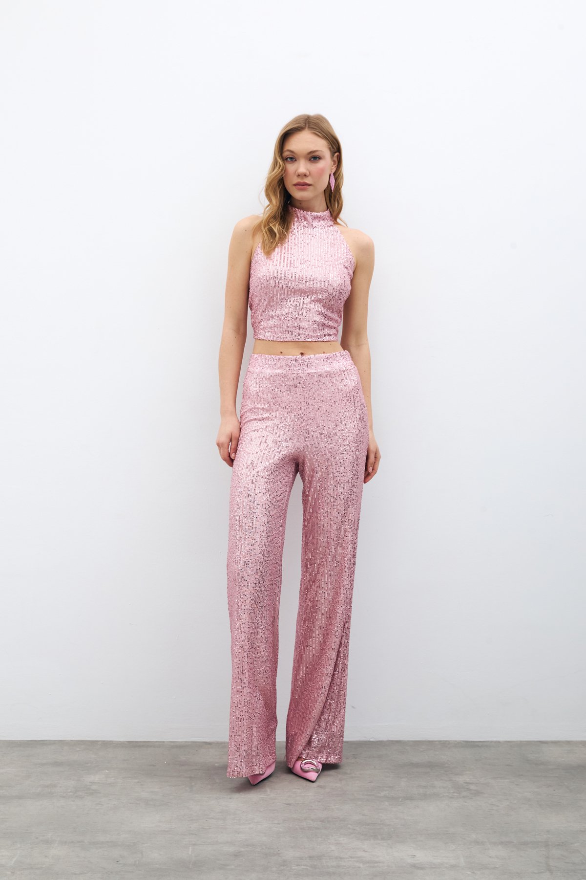 Payetli Salaş Pantolon - Pudra