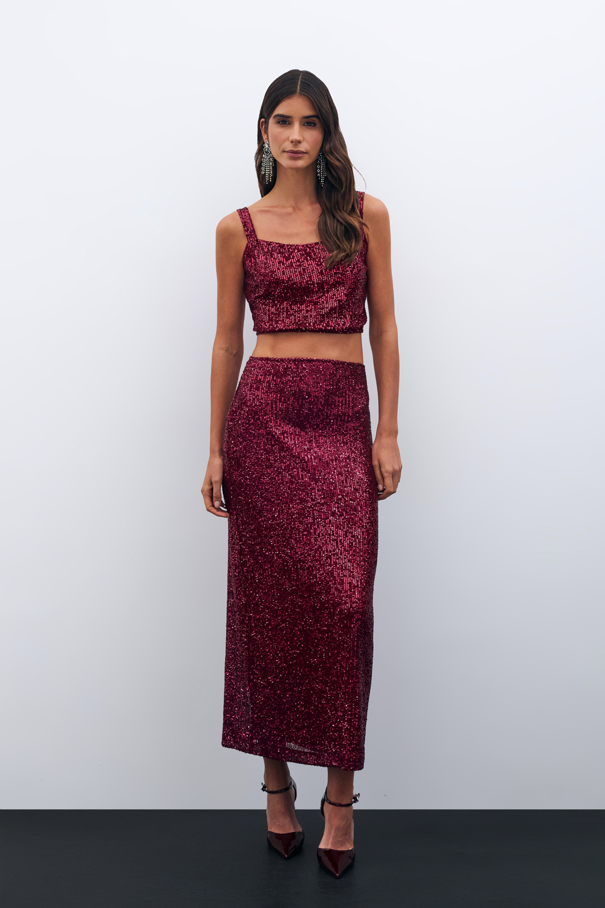 Payetli Uzun Etek - BORDO