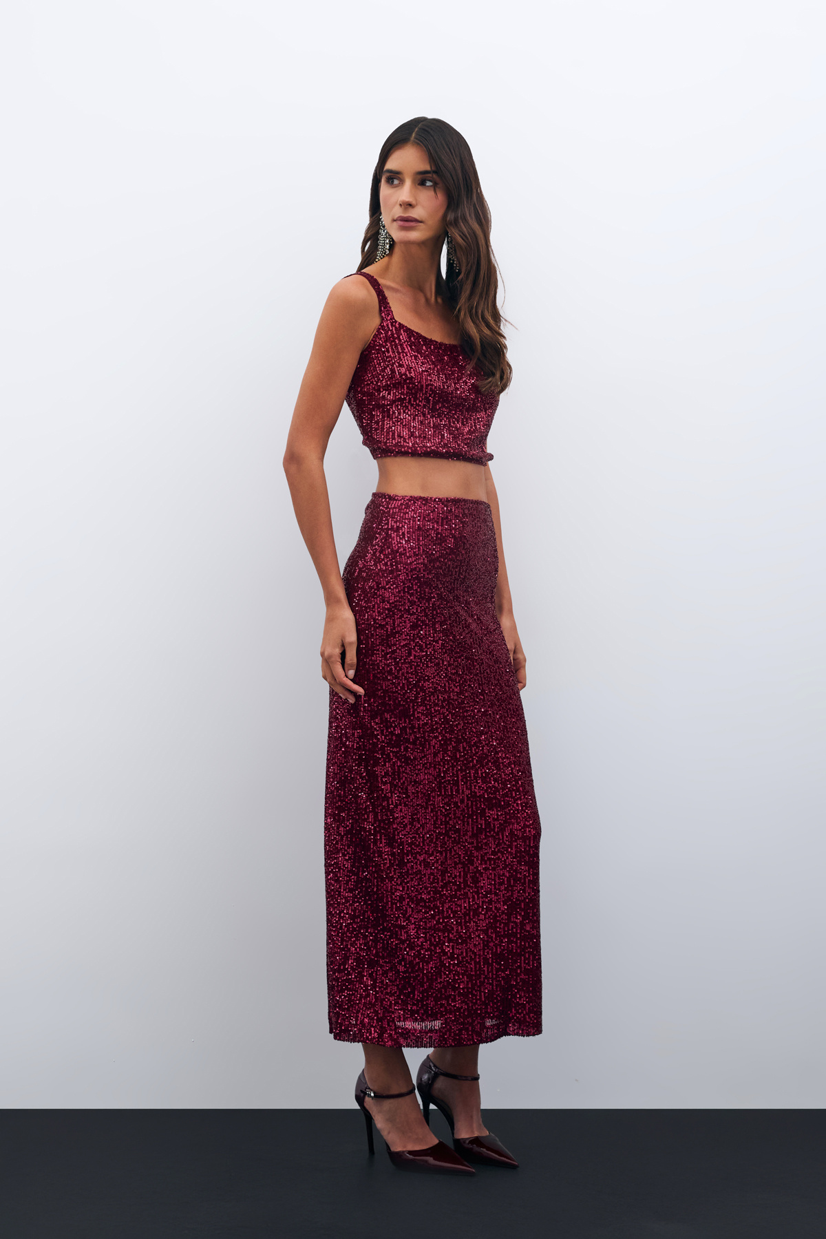 Payetli Uzun Etek - BORDO