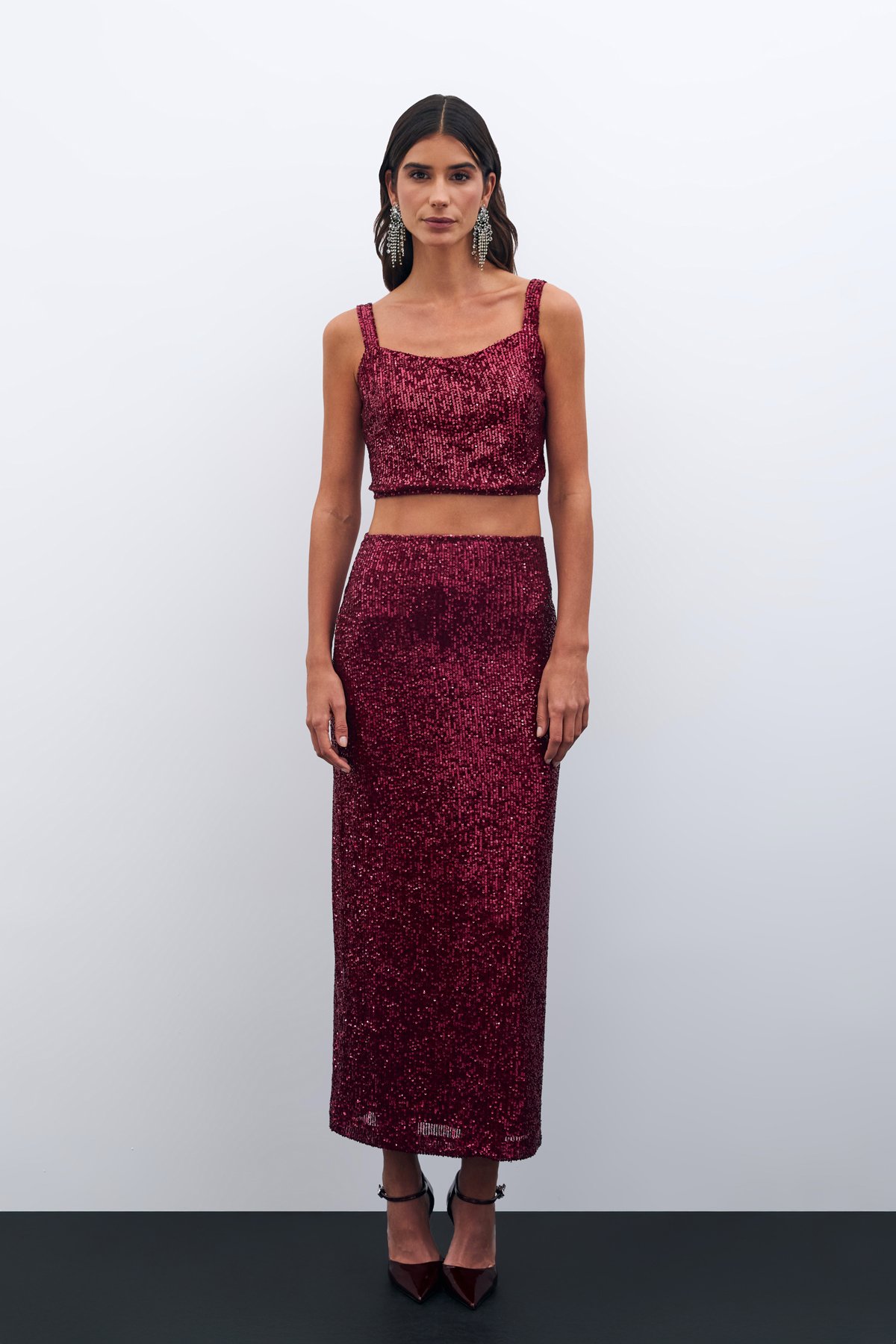 Payetli Uzun Etek - BORDO