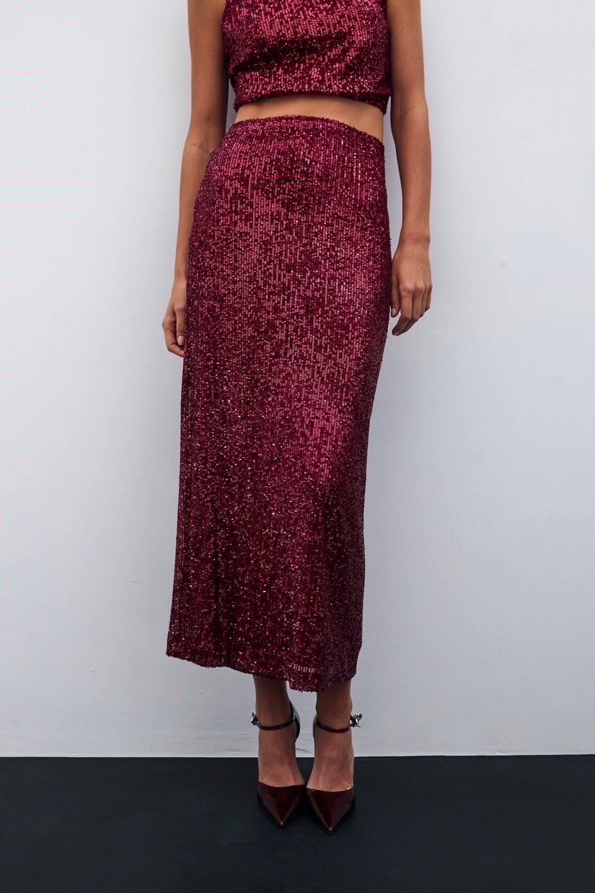 Payetli Uzun Etek - BORDO