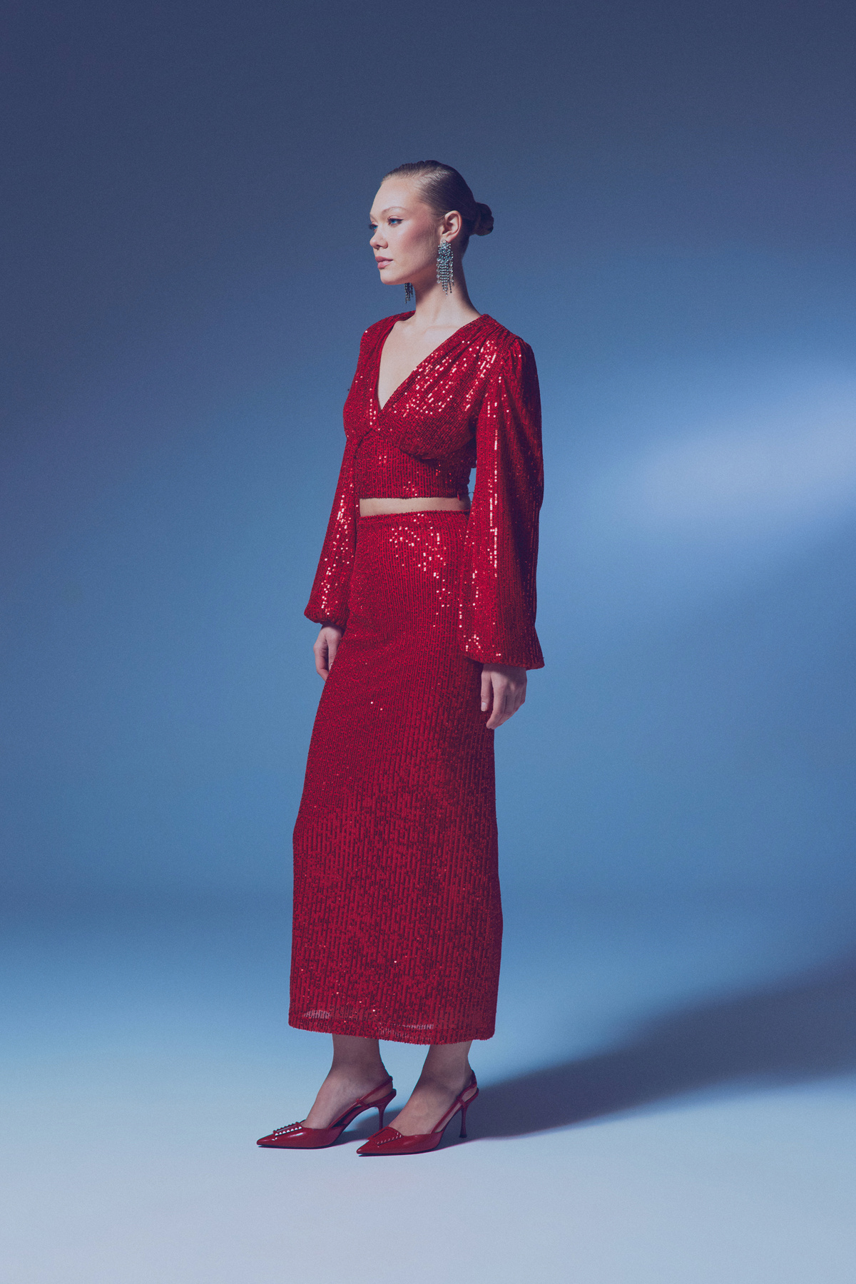 Payetli Uzun Etek - KIRMIZI