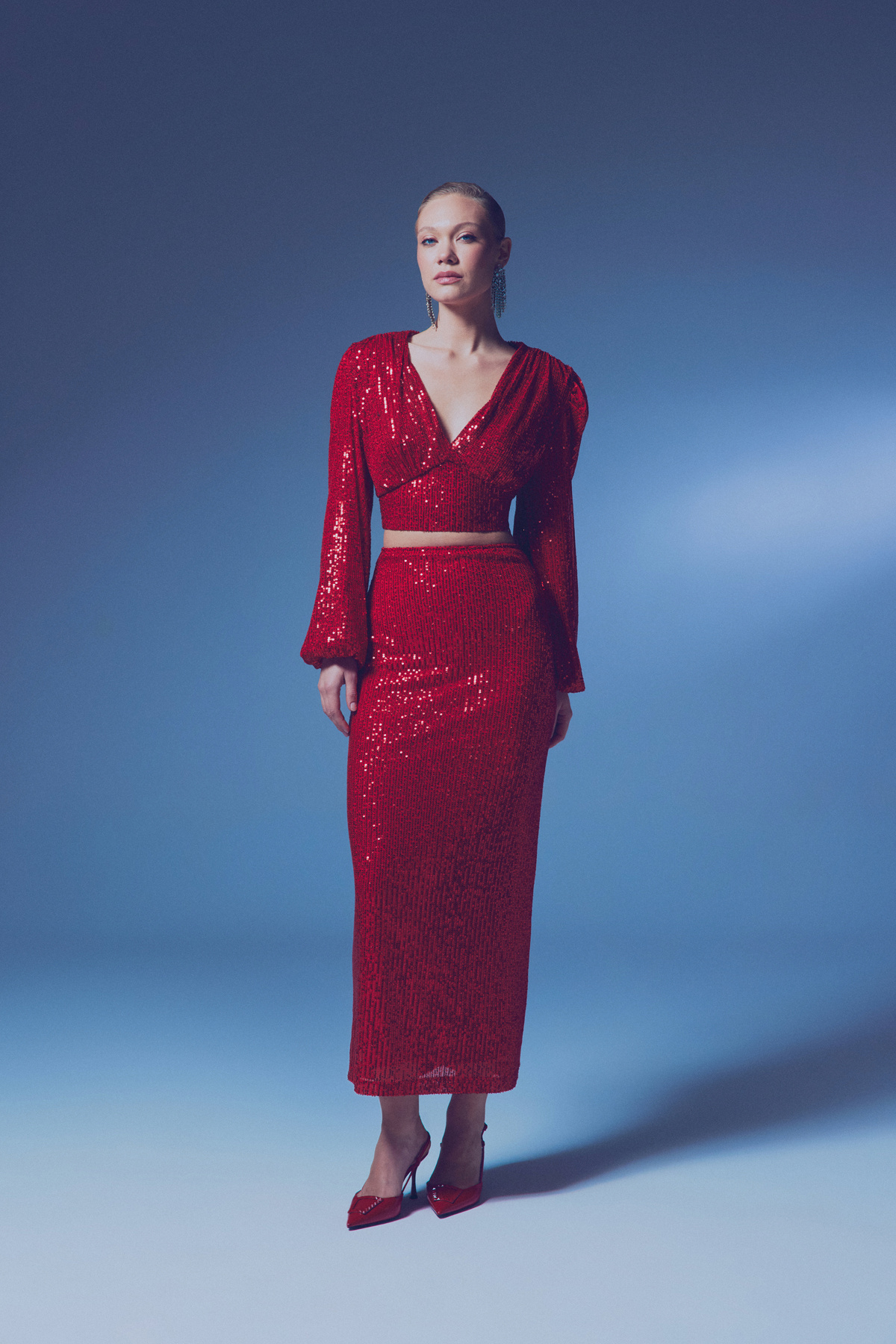 Payetli Uzun Etek - KIRMIZI