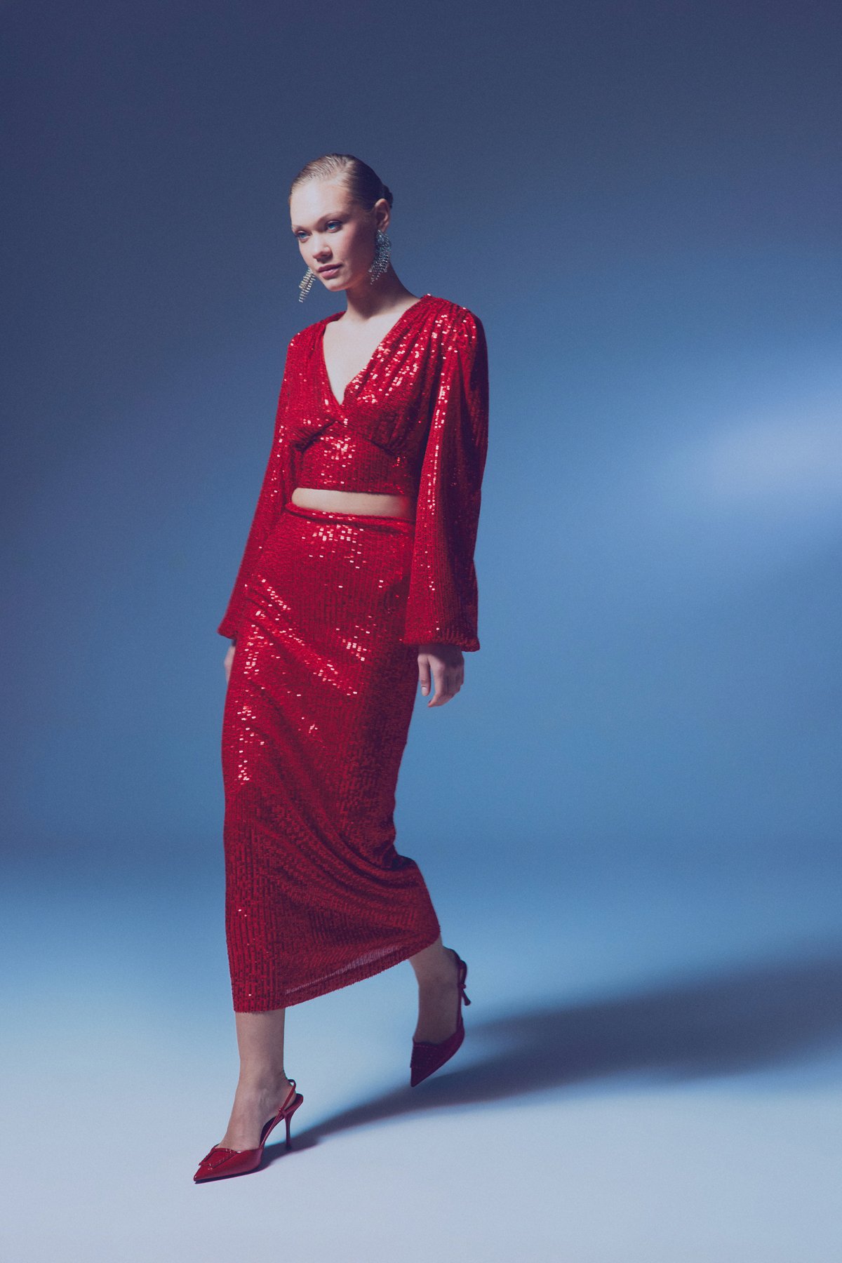 Payetli Uzun Etek - KIRMIZI