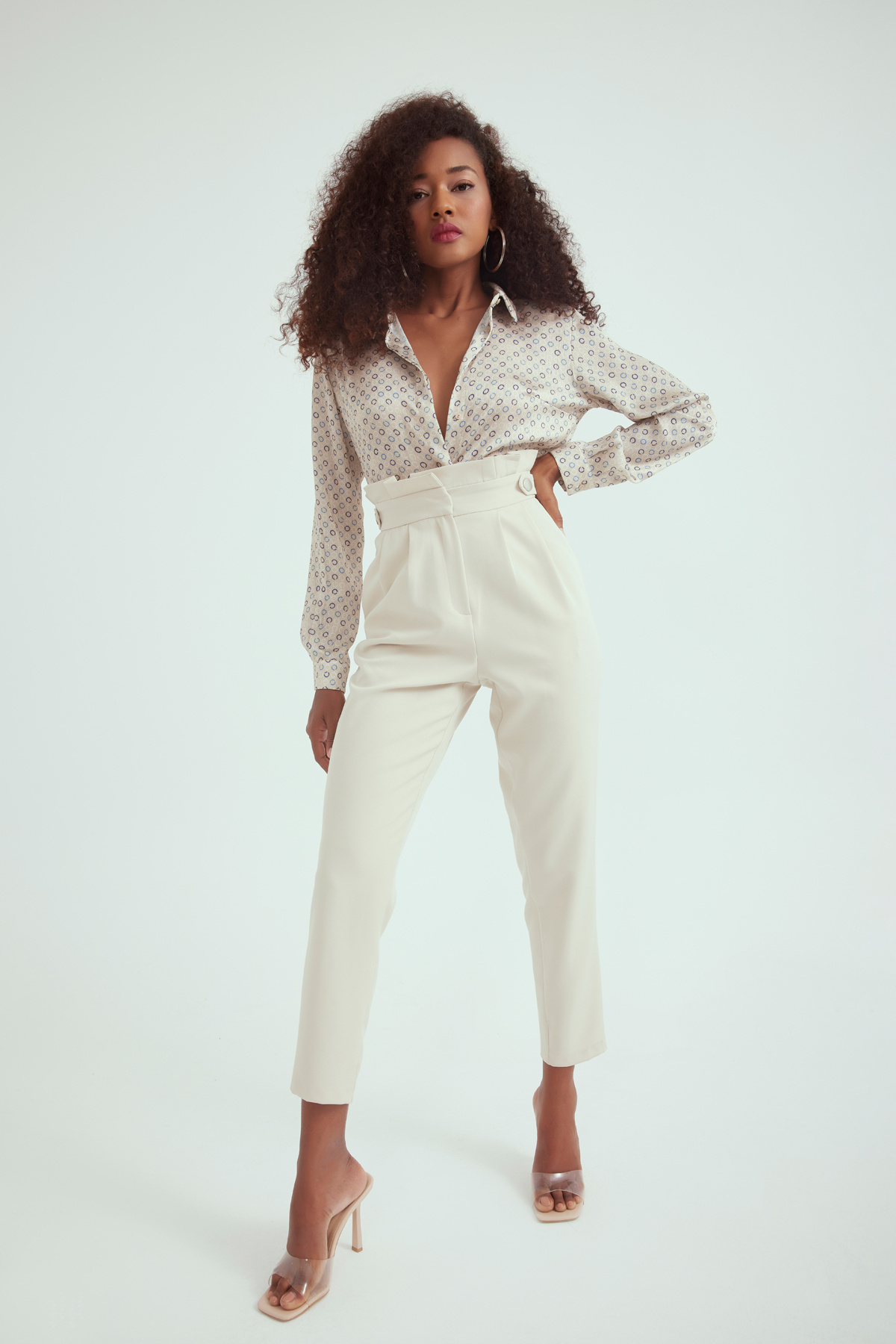 Pile detaylı krep pantolon - KREM