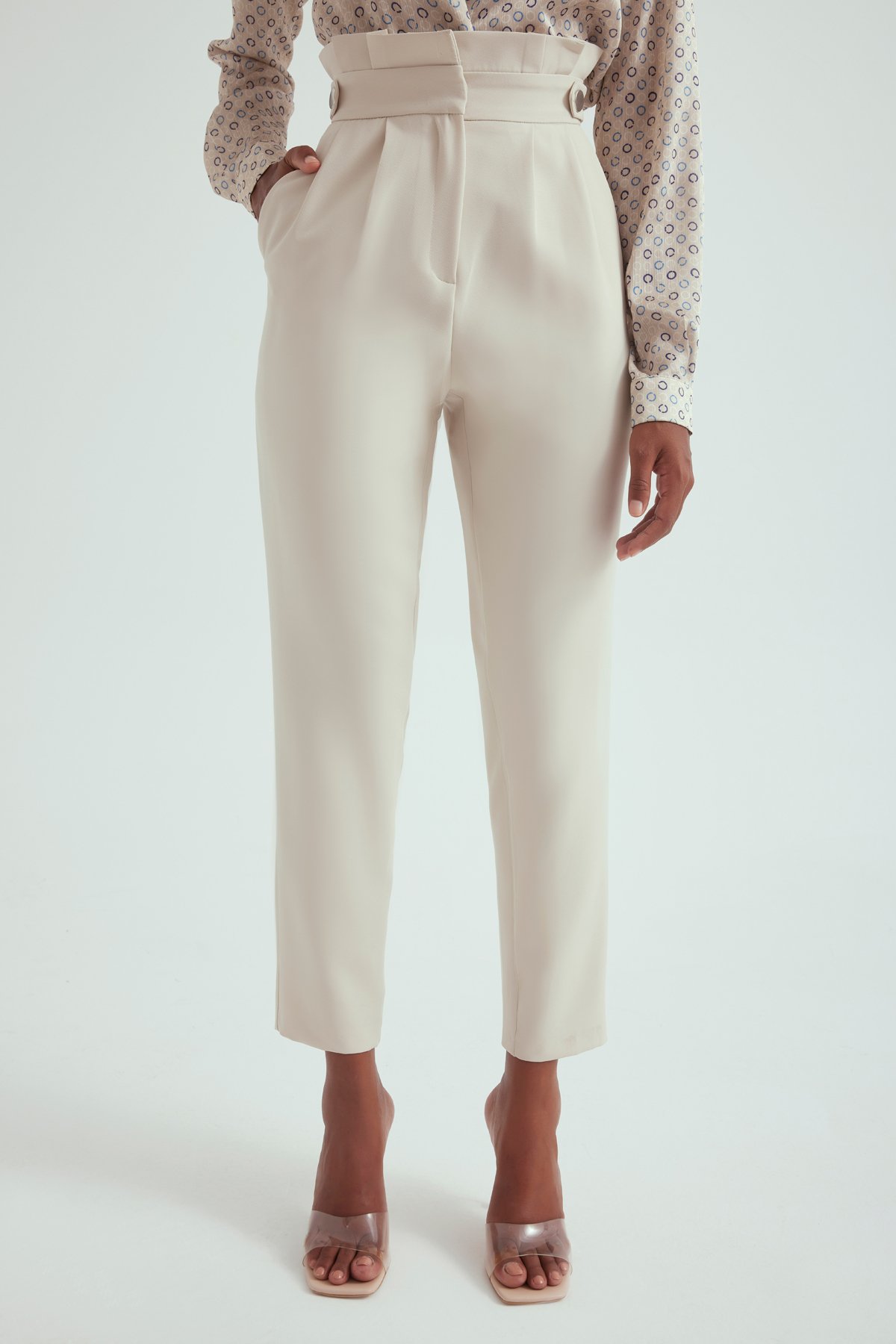 Pile detaylı krep pantolon - KREM