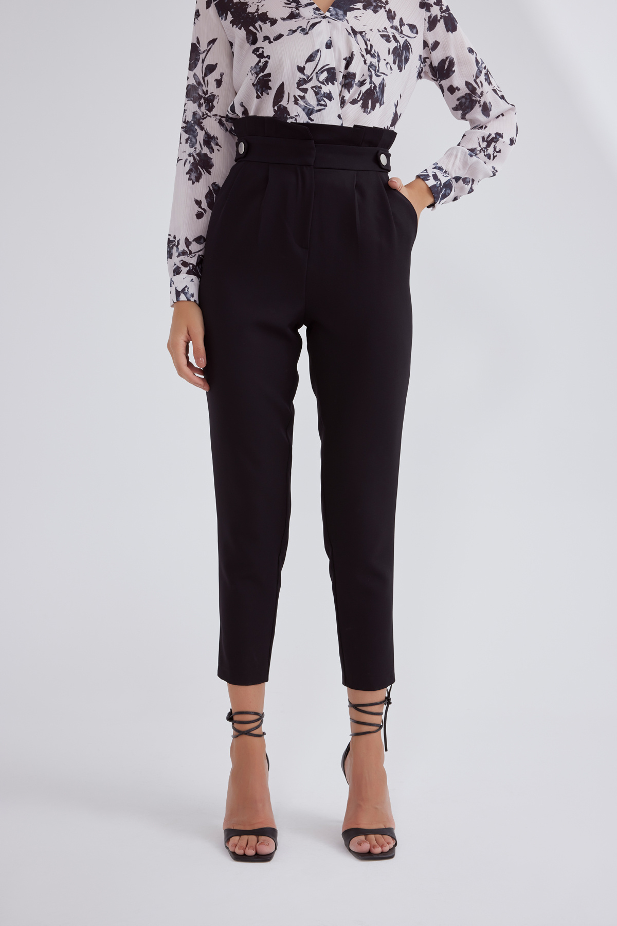 Pile detaylı krep pantolon - SİYAH