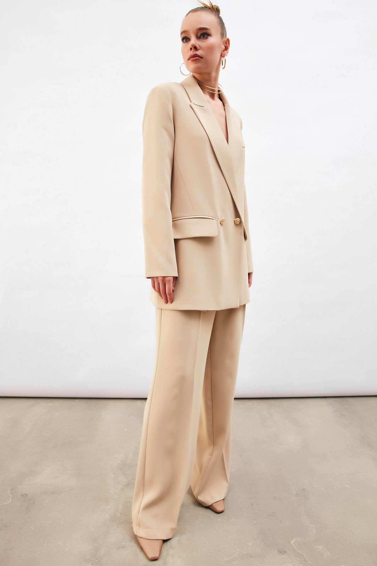 Pile Detaylı Salaş Pantolon - BEJ