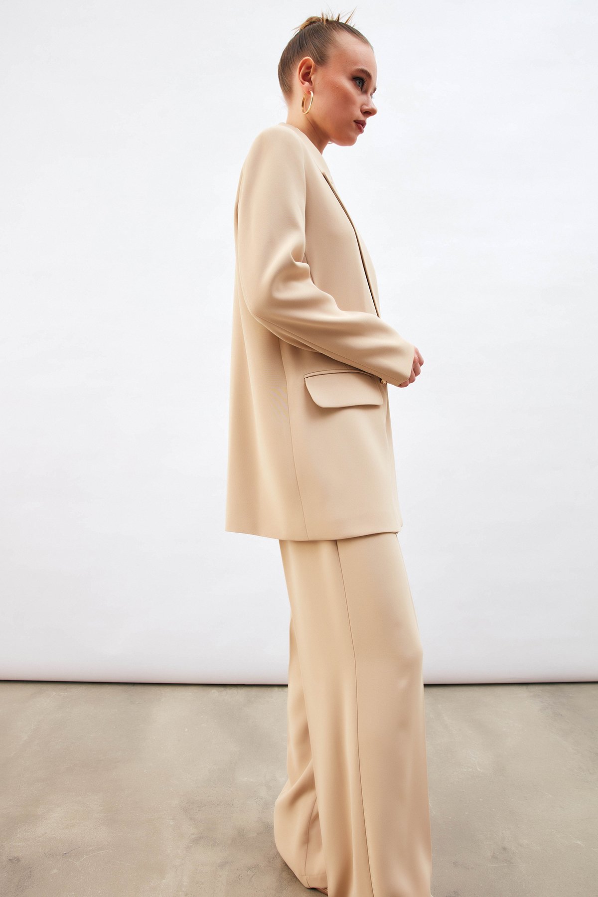 Pile Detaylı Salaş Pantolon - BEJ