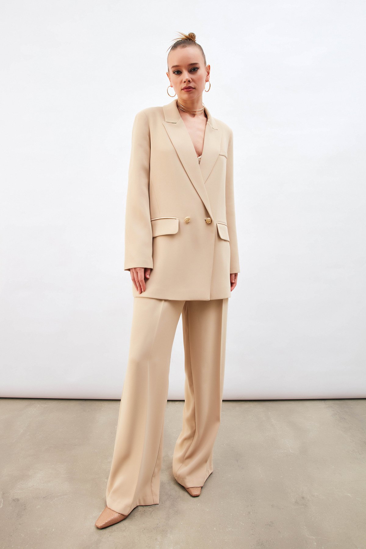 Pile Detaylı Salaş Pantolon - BEJ