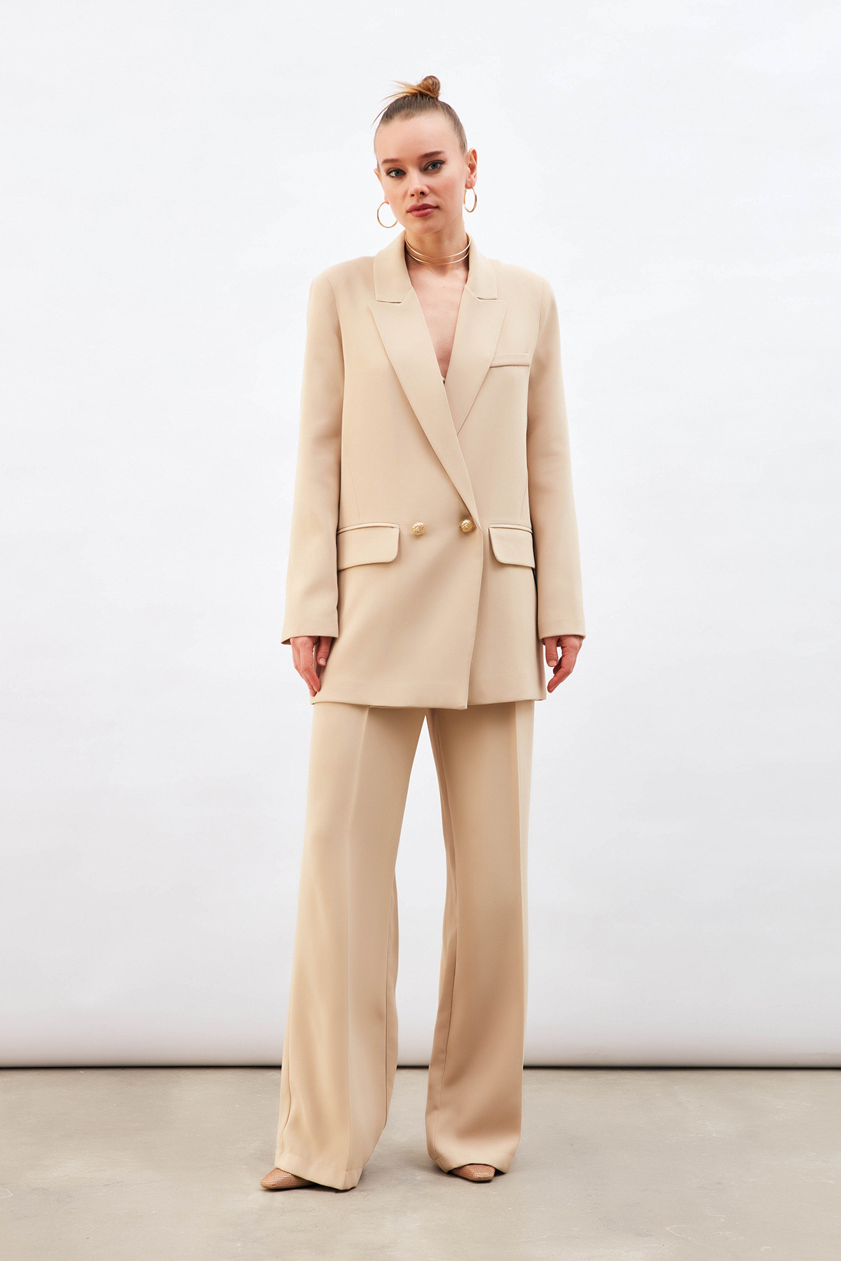 Pile Detaylı Salaş Pantolon - BEJ