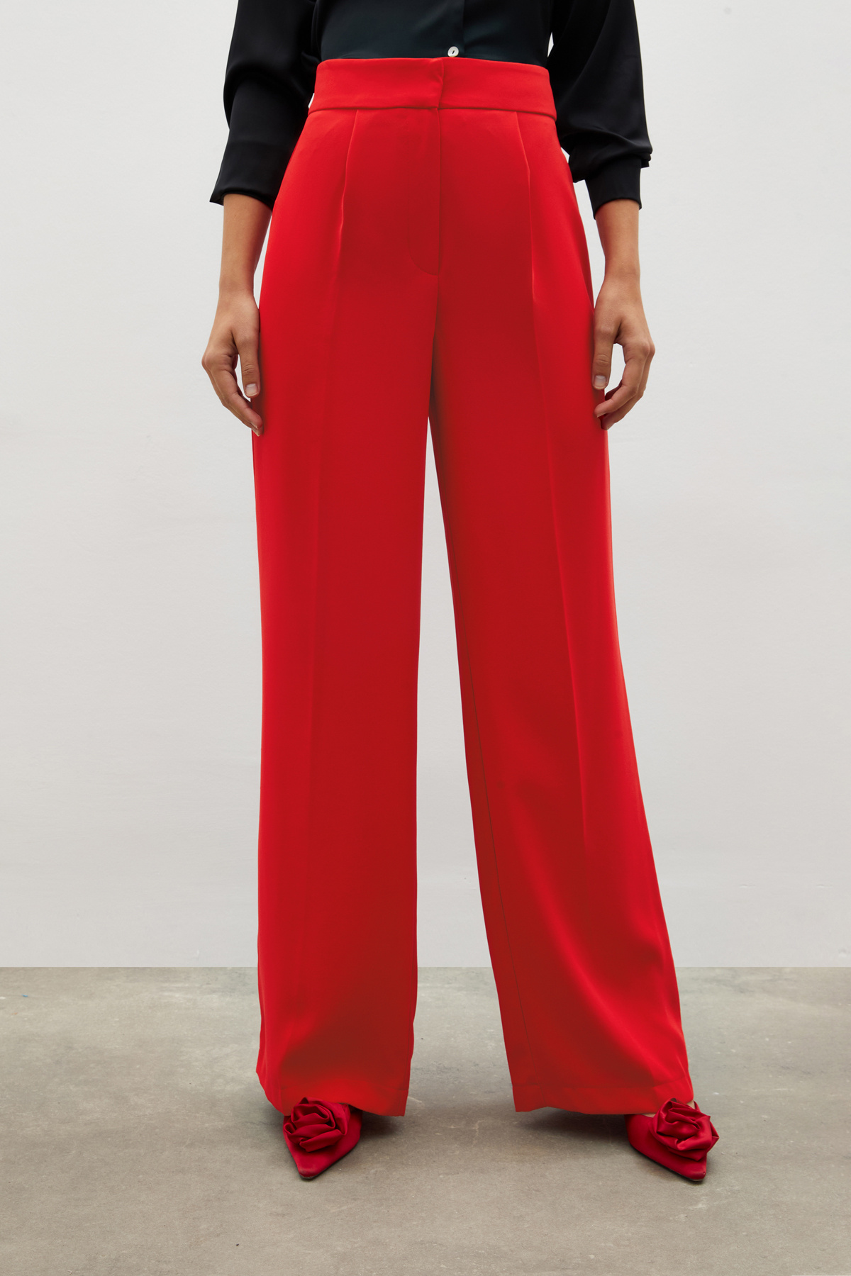 Pile Detaylı Salaş Pantolon - KIRMIZI