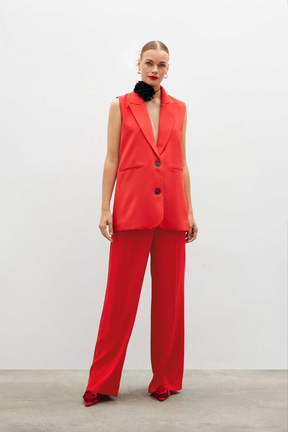 Pile Detaylı Salaş Pantolon - KIRMIZI