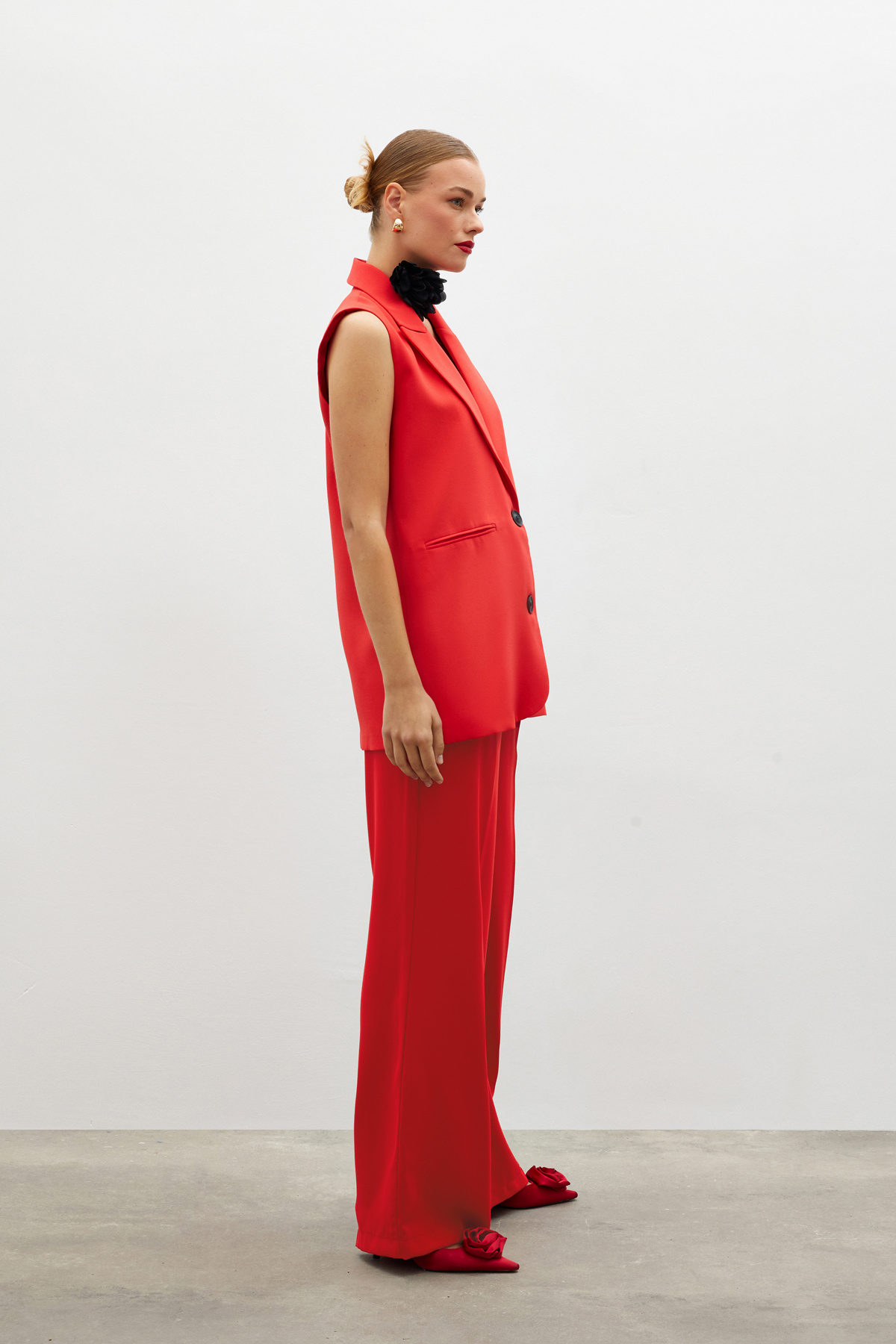 Pile Detaylı Salaş Pantolon - KIRMIZI