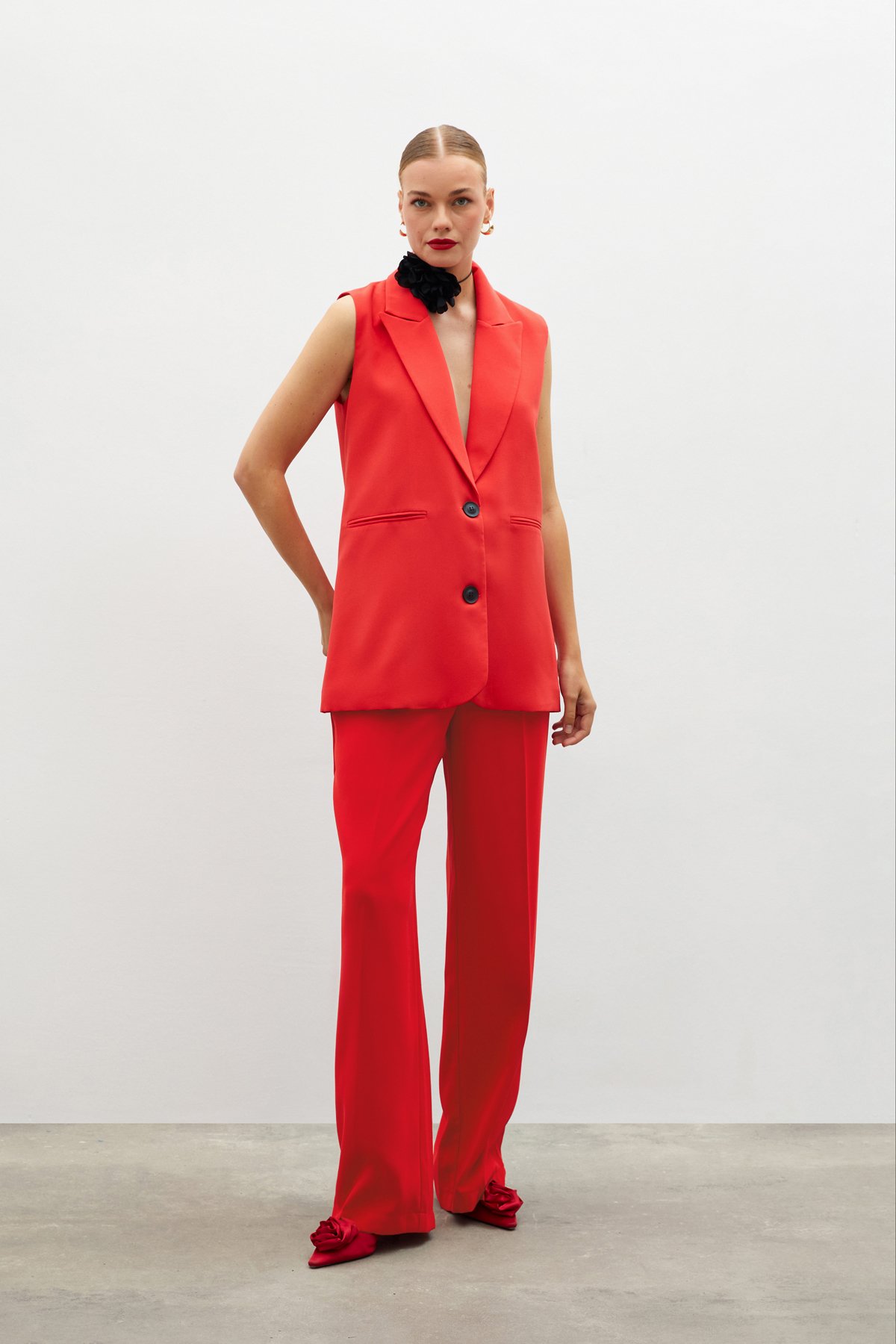 Pile Detaylı Salaş Pantolon - KIRMIZI