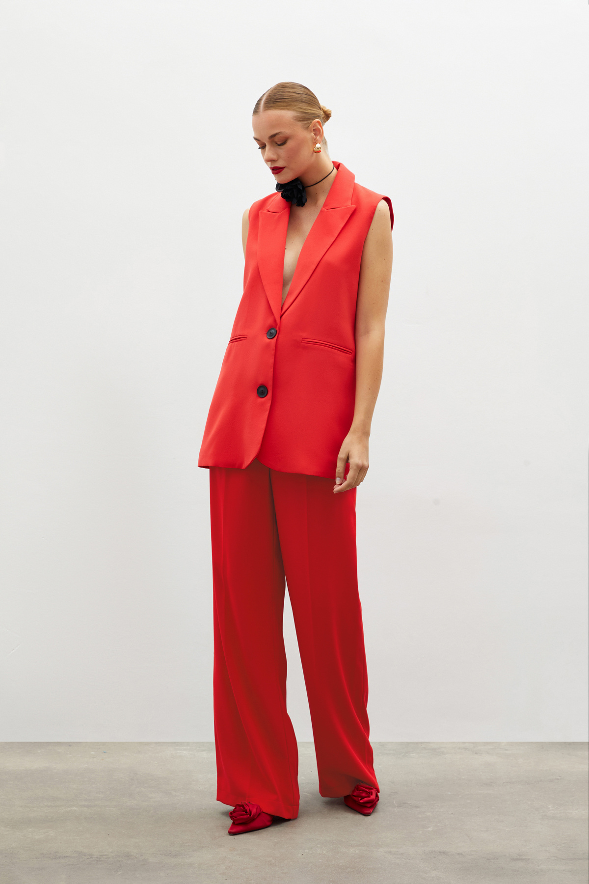 Pile Detaylı Salaş Pantolon - KIRMIZI