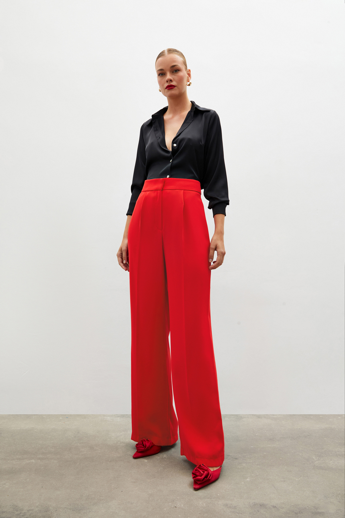 Pile Detaylı Salaş Pantolon - KIRMIZI