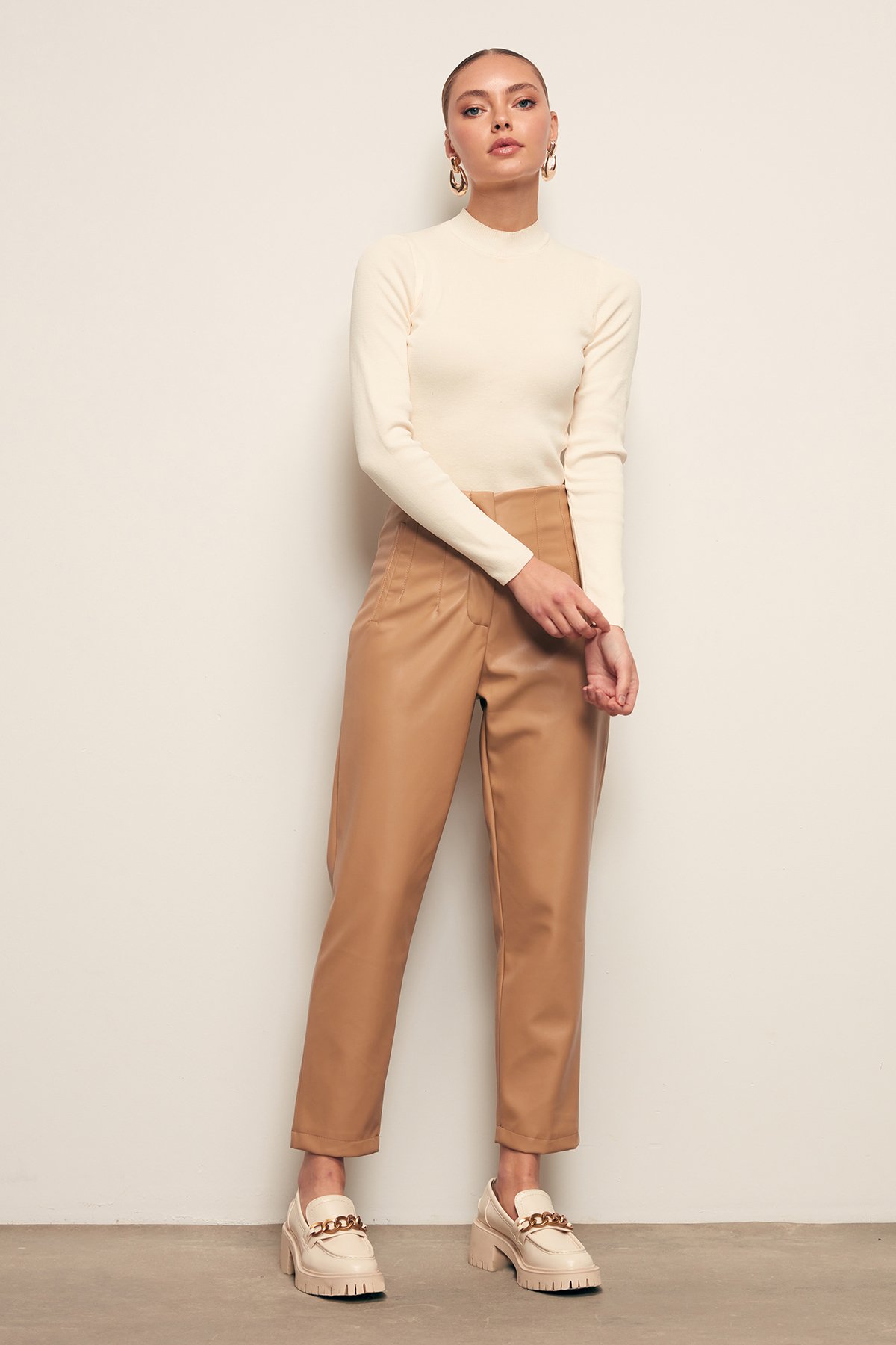 Pileli Deri Pantolon - BEJ