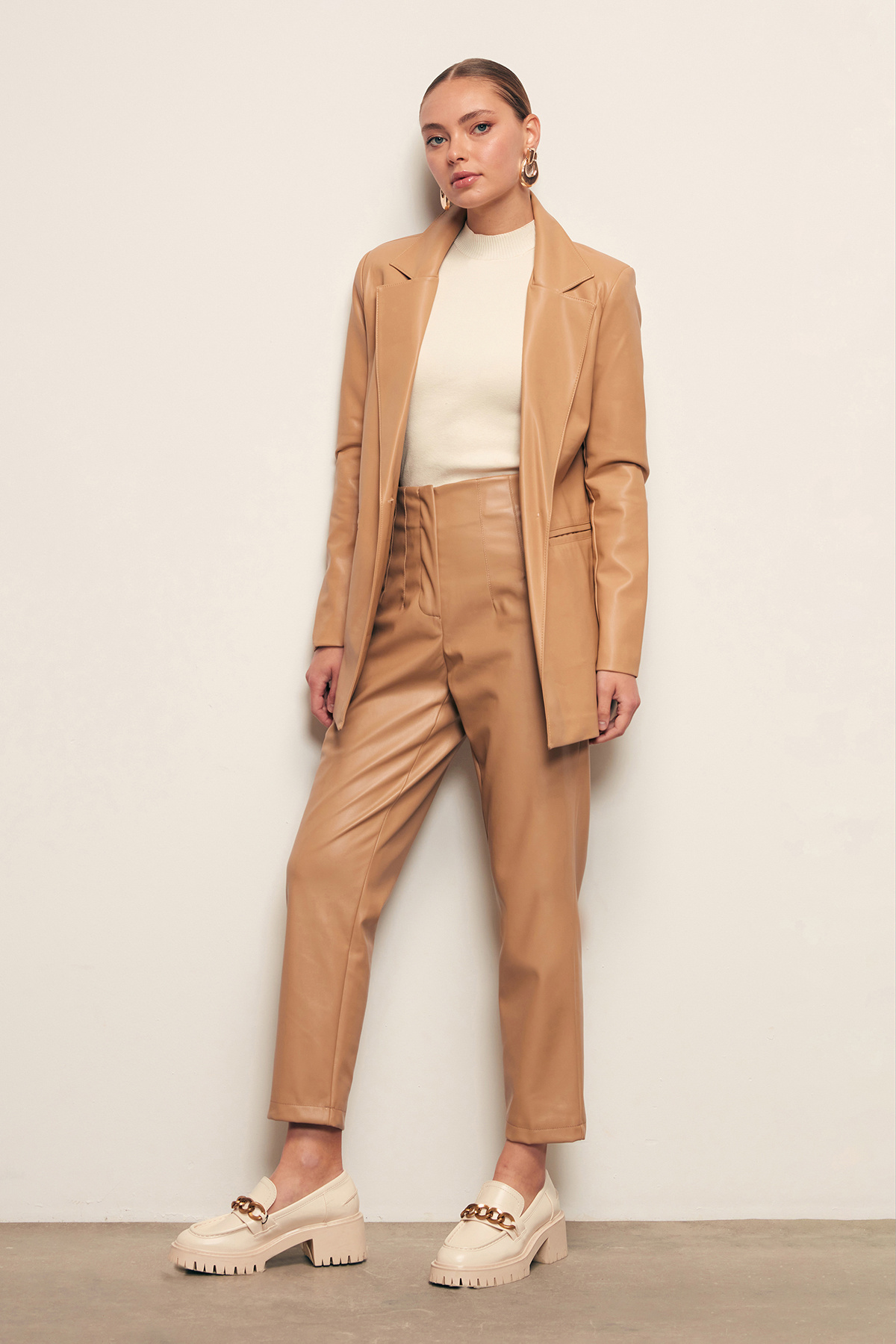 Pileli Deri Pantolon - BEJ