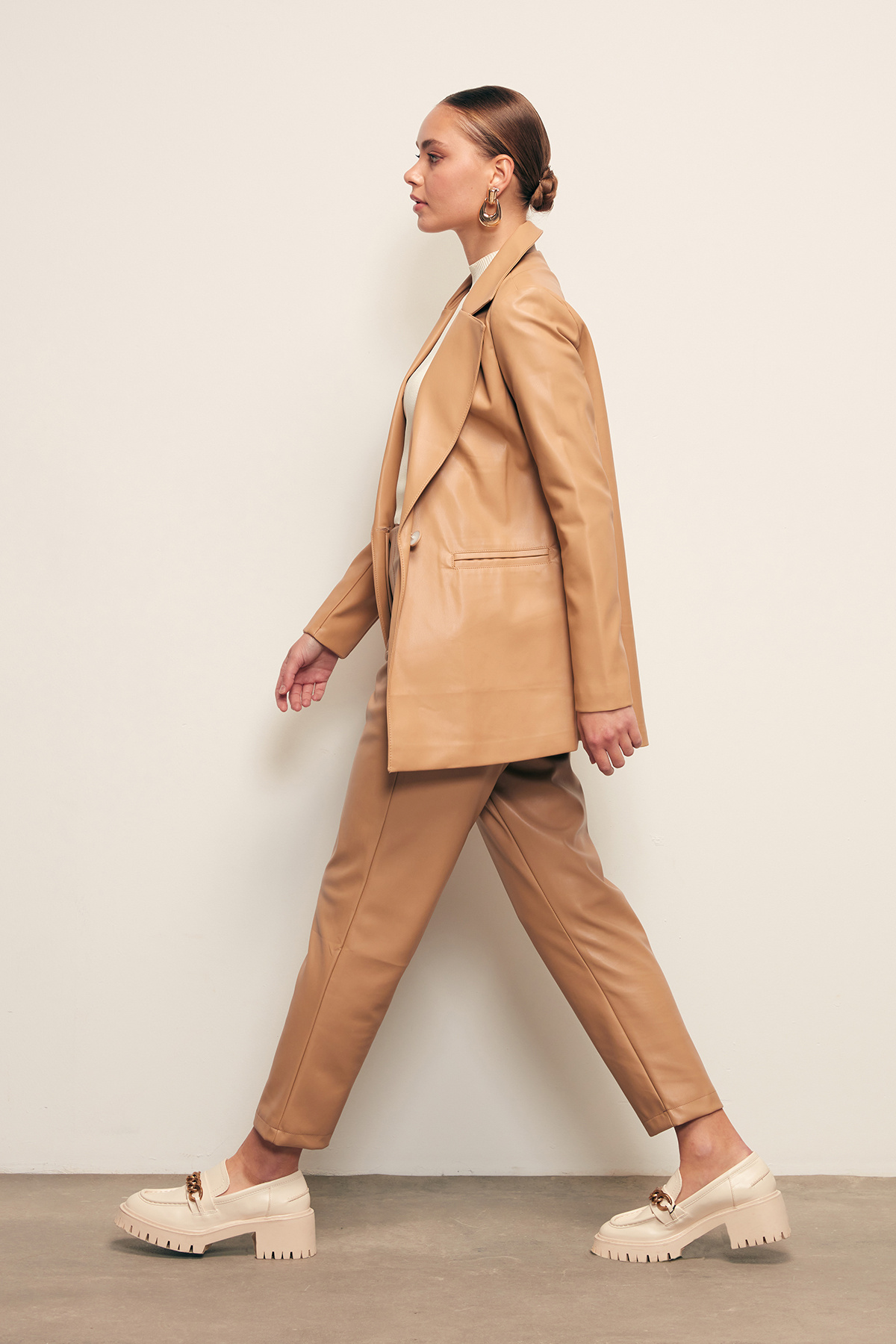 Pileli Deri Pantolon - BEJ