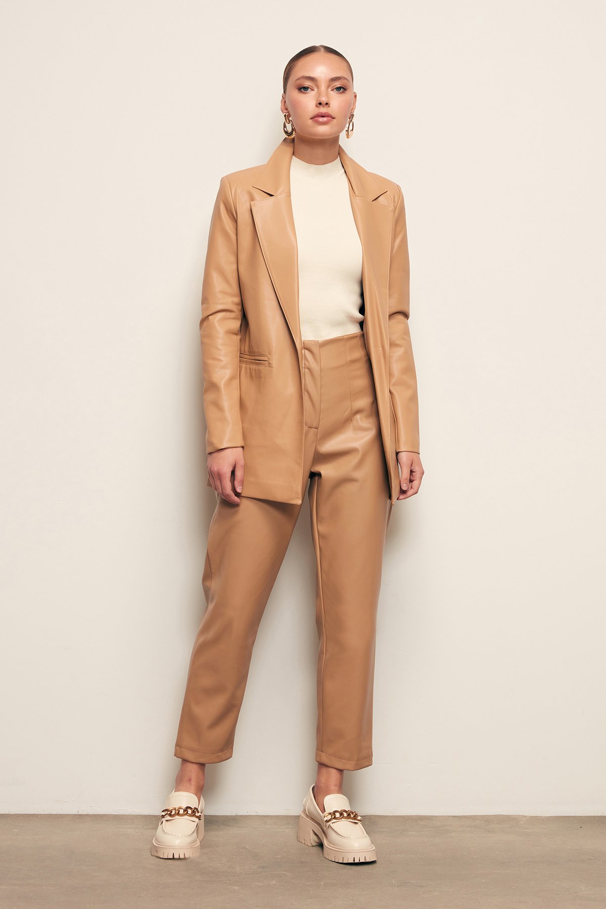 Pileli Deri Pantolon - BEJ