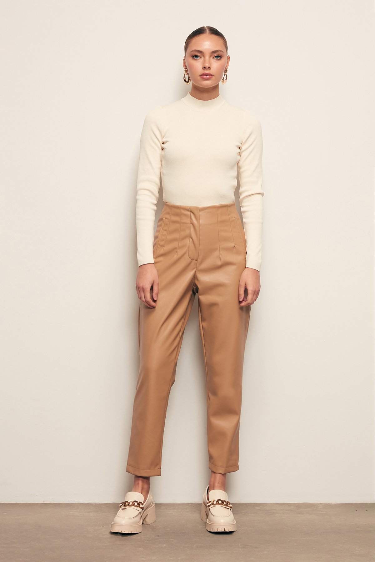 Pileli Deri Pantolon - BEJ