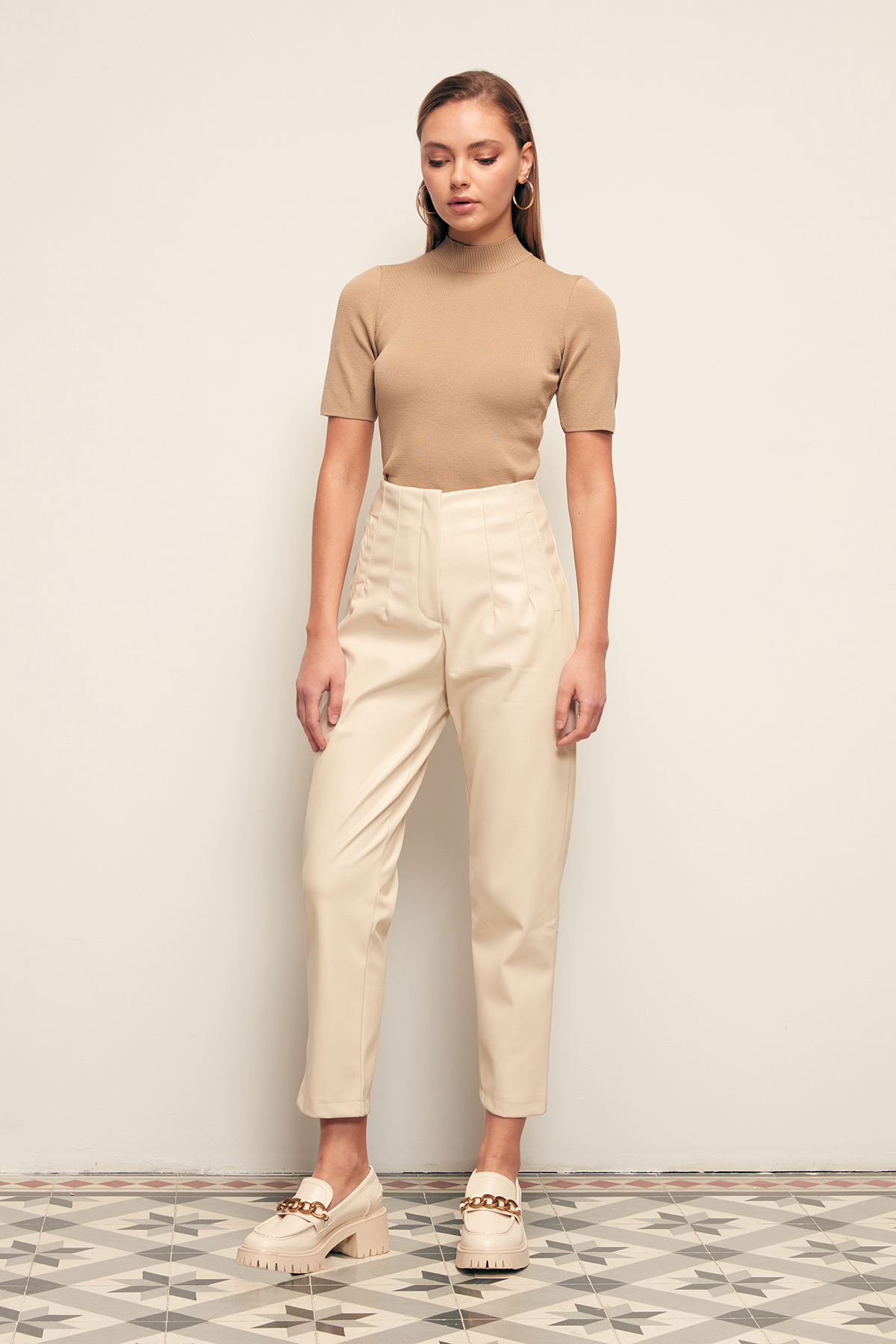 Pileli Deri Pantolon - TAŞ