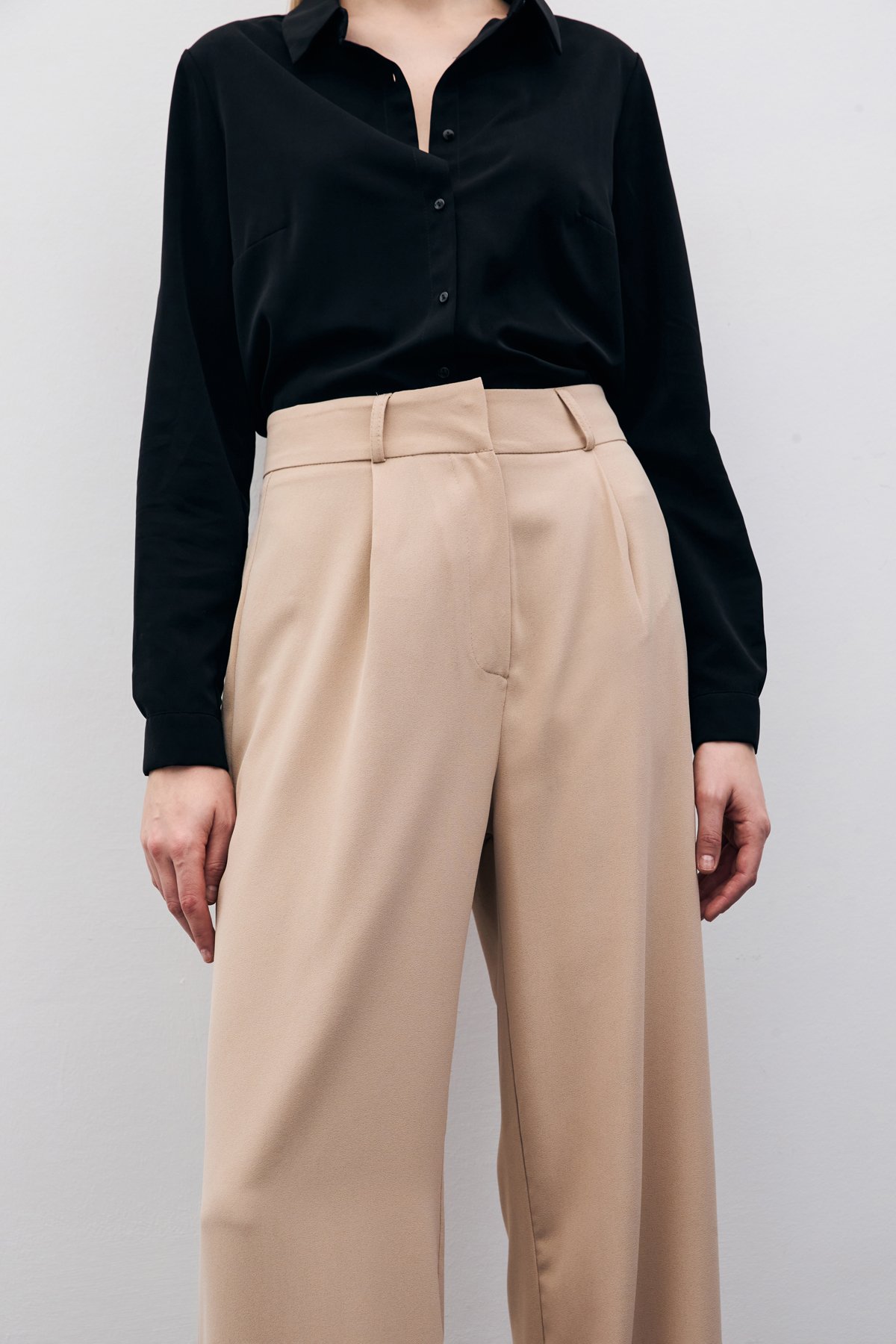 Pileli Krep Pantolon - Bej