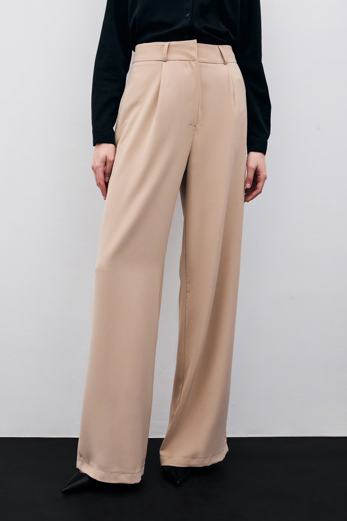 Pileli Krep Pantolon - Bej