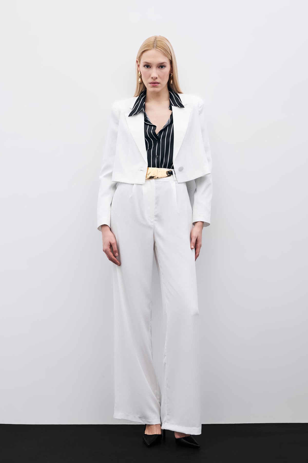 Pileli Krep Pantolon - Ekru