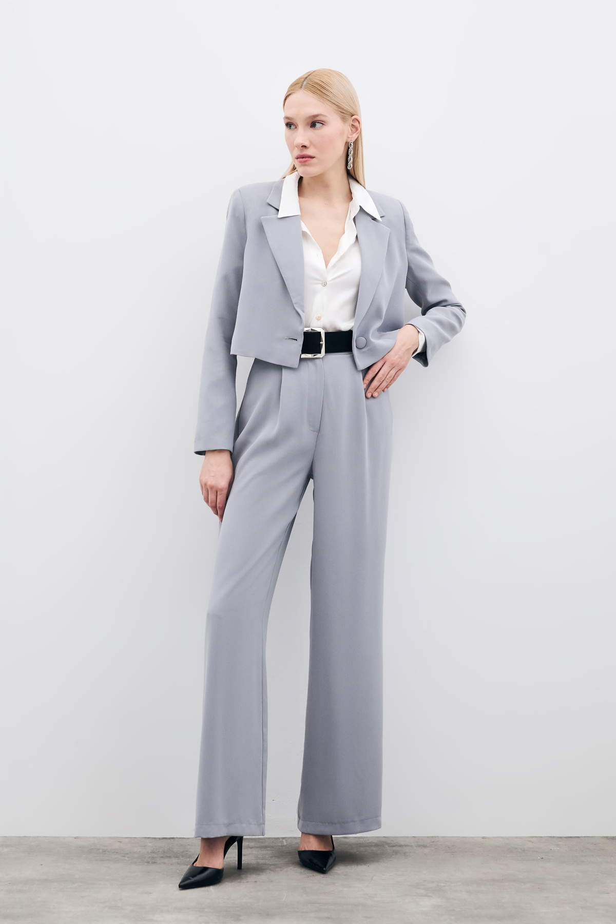 Pileli Krep Pantolon - Gri